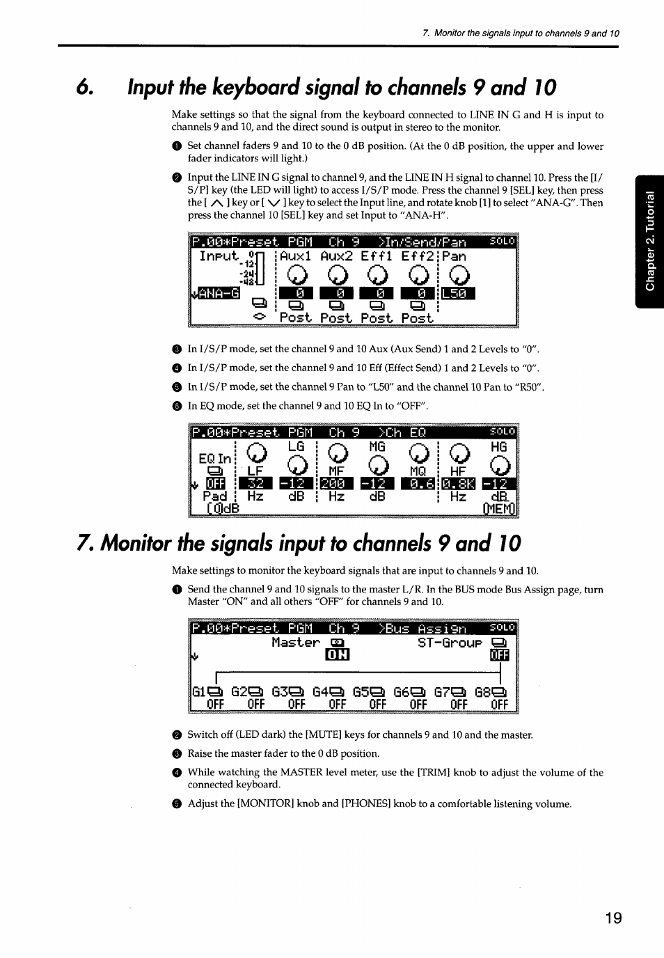 Input the keyboard signal to channels 9 and 10, Monitor the signals input to channels 9 and 10 | KORG Soundlink DRS REcording Console 168RC User Manual | Page 26 / 118