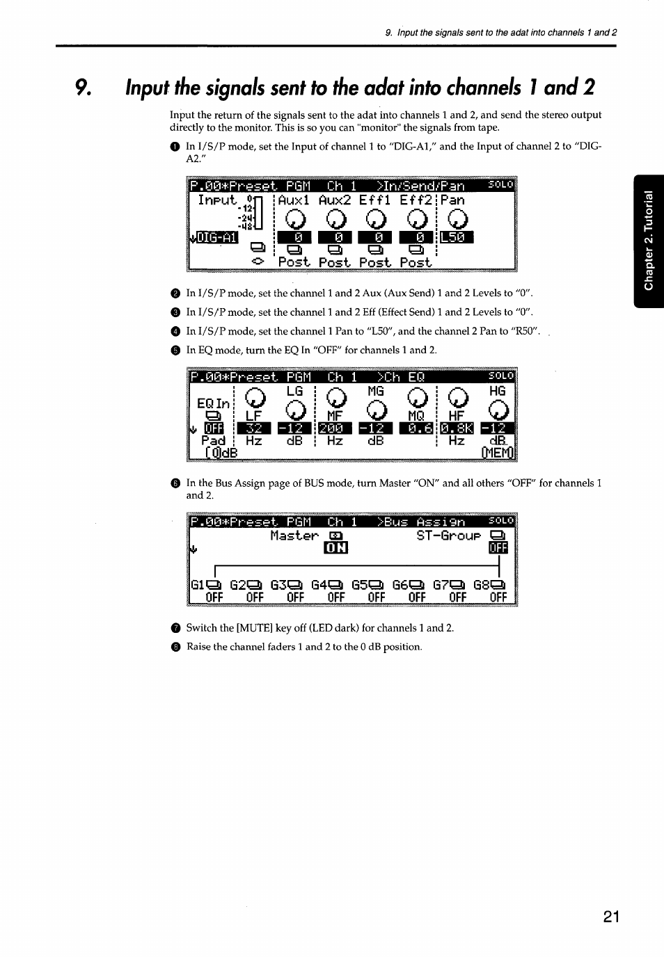 Pgm ch 1 >ifi.''serid.''p.=in sol cl, Auxl aux2 effl eff2, Post post post post | Master, St-group ql bh3, O o o o | KORG Soundlink DRS REcording Console 168RC User Manual | Page 28 / 118