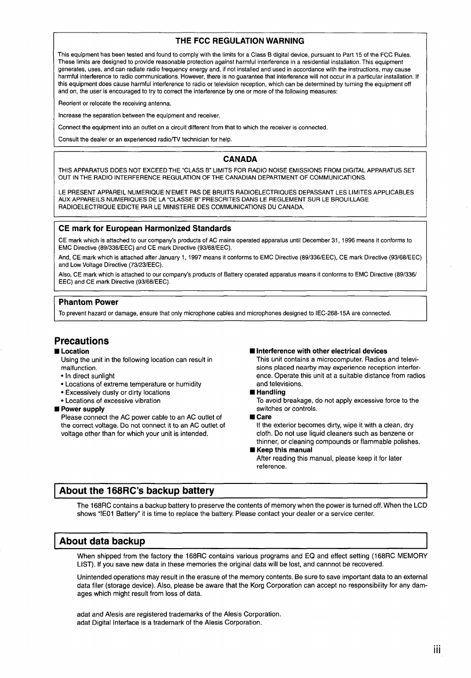 The fcc regulation warning, Canada, Ce mark for european harmonized standards | Phantom power, Precautions, About the 168rc’s backup battery, About data backup | KORG Soundlink DRS REcording Console 168RC User Manual | Page 3 / 118