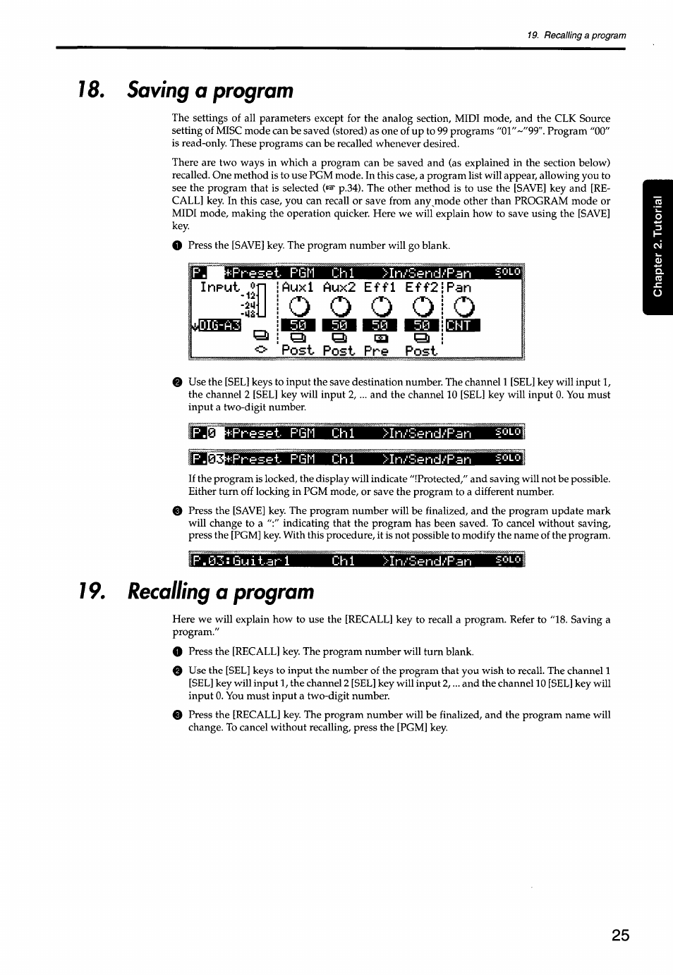 Saving a program, Pt pgm chi >in/s, Auxl aux2 effl eff2 | Post post pre, 7 9. recalling a program, Recalling a program, О о о о | KORG Soundlink DRS REcording Console 168RC User Manual | Page 32 / 118