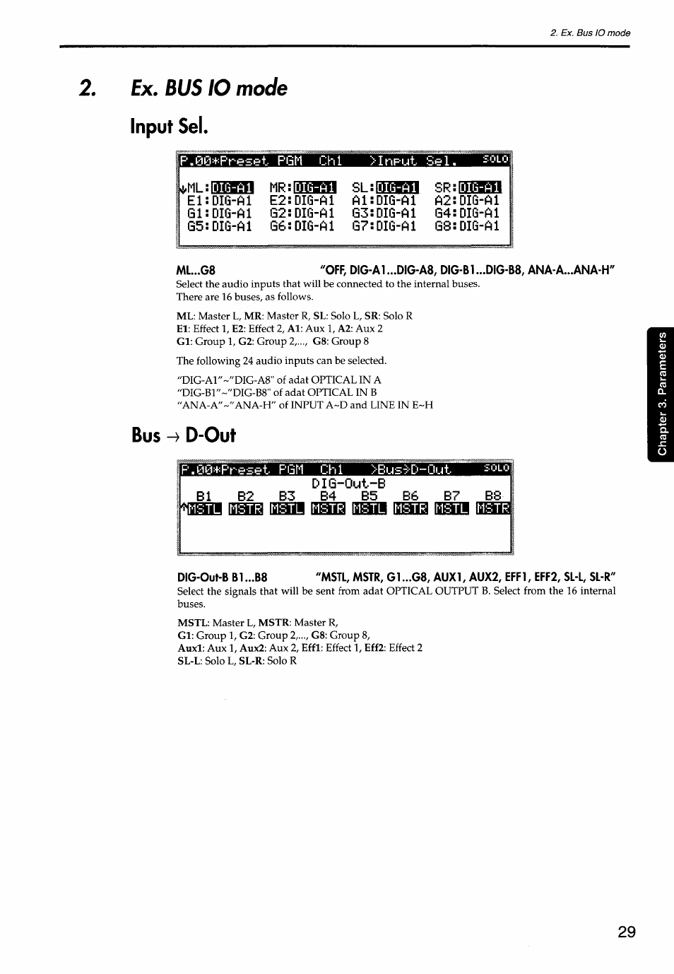 Ex. bus lo mode, Input sel, Bus ^ d-out | KORG Soundlink DRS REcording Console 168RC User Manual | Page 36 / 118