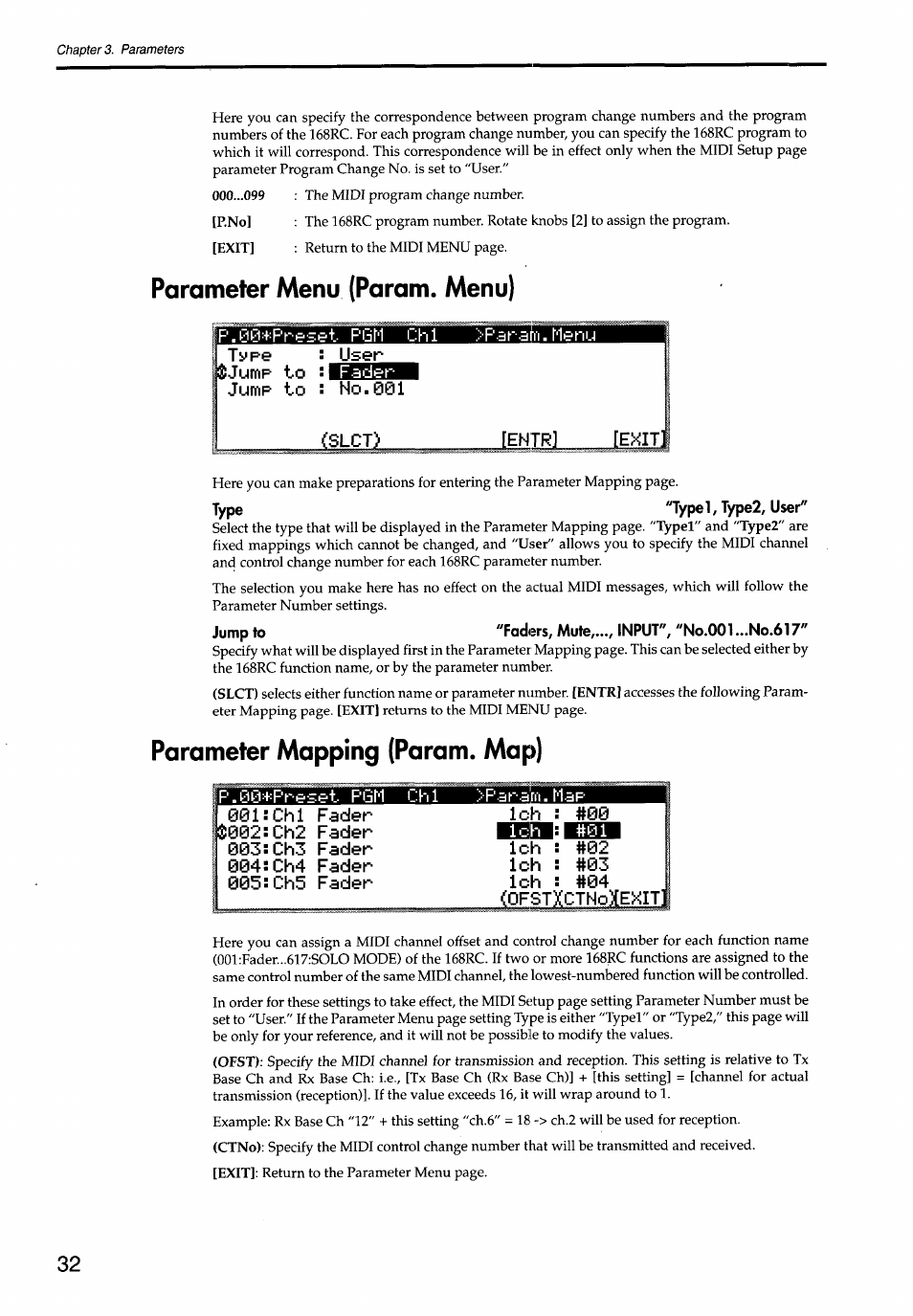 Parameter menu (param. menu), Type "typel, type2, user, Parameter mapping (param. map) | Chi fader ich | KORG Soundlink DRS REcording Console 168RC User Manual | Page 39 / 118