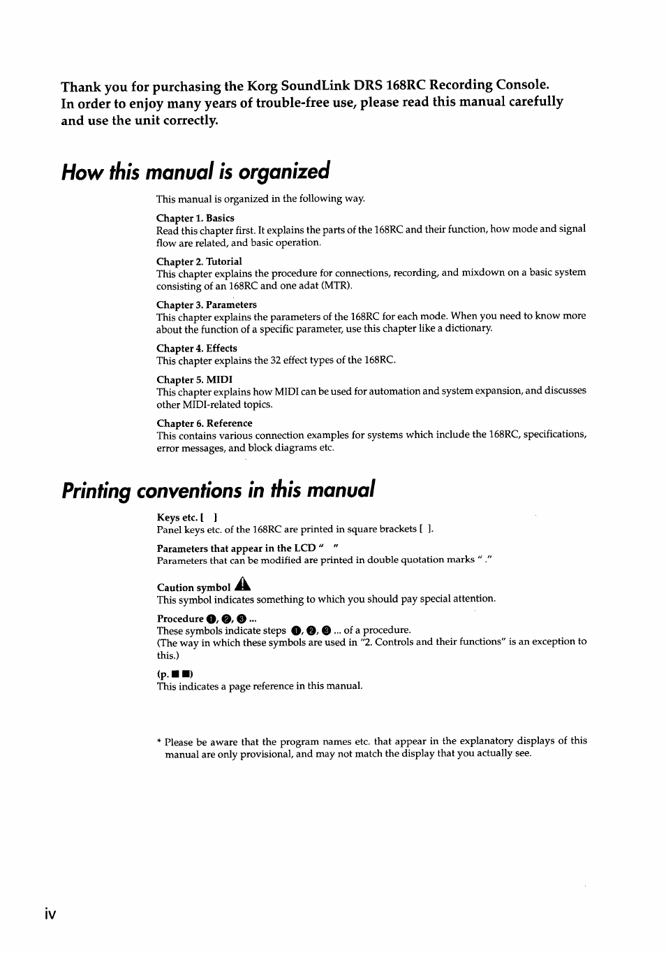 How this manual is organized, Printing conventions in this manual | KORG Soundlink DRS REcording Console 168RC User Manual | Page 4 / 118