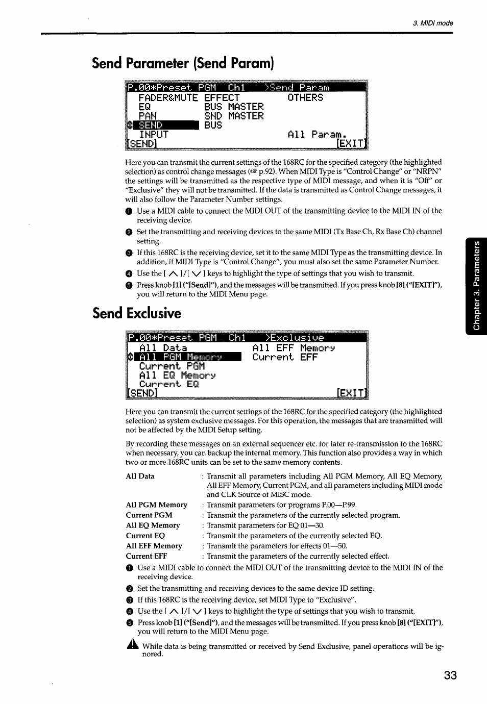 Send parameter (send param), Send exclusive | KORG Soundlink DRS REcording Console 168RC User Manual | Page 40 / 118