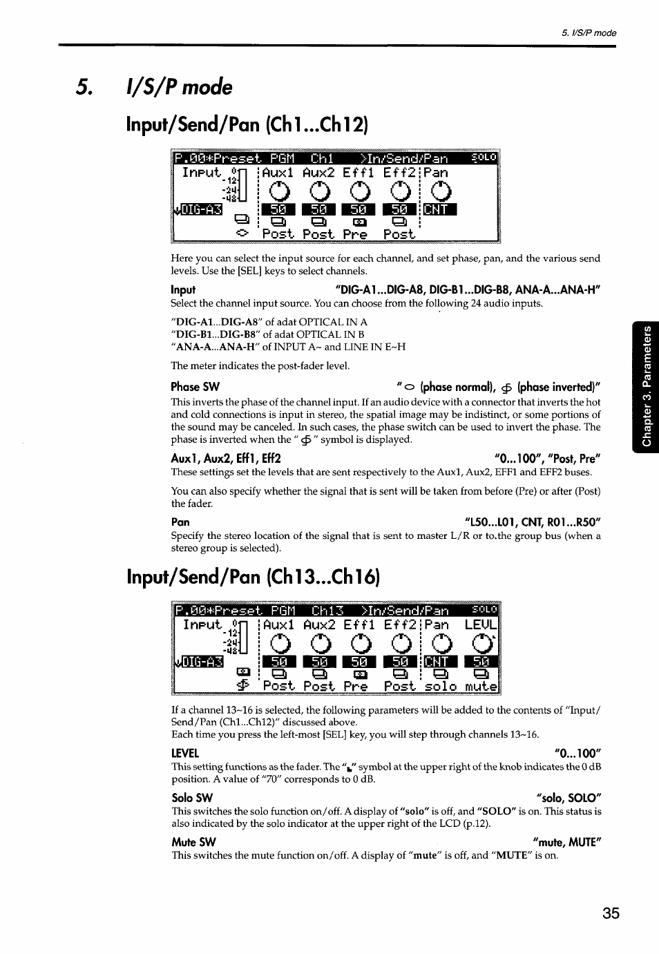 I/s/p mode, Input/send/pan (chi...chi2), Phase sw " o (phase normal), <f> (phase inverted) | Auxl, aux2, eff 1, eff2 "0 ", "post, pre, Pan "l50...l01, cnt, rol ...r50, Input/send/pan (ch13...ch16), Auxl aux2 effl eff2, Pan leul, Level "0, Solo sw "solo, solo | KORG Soundlink DRS REcording Console 168RC User Manual | Page 42 / 118