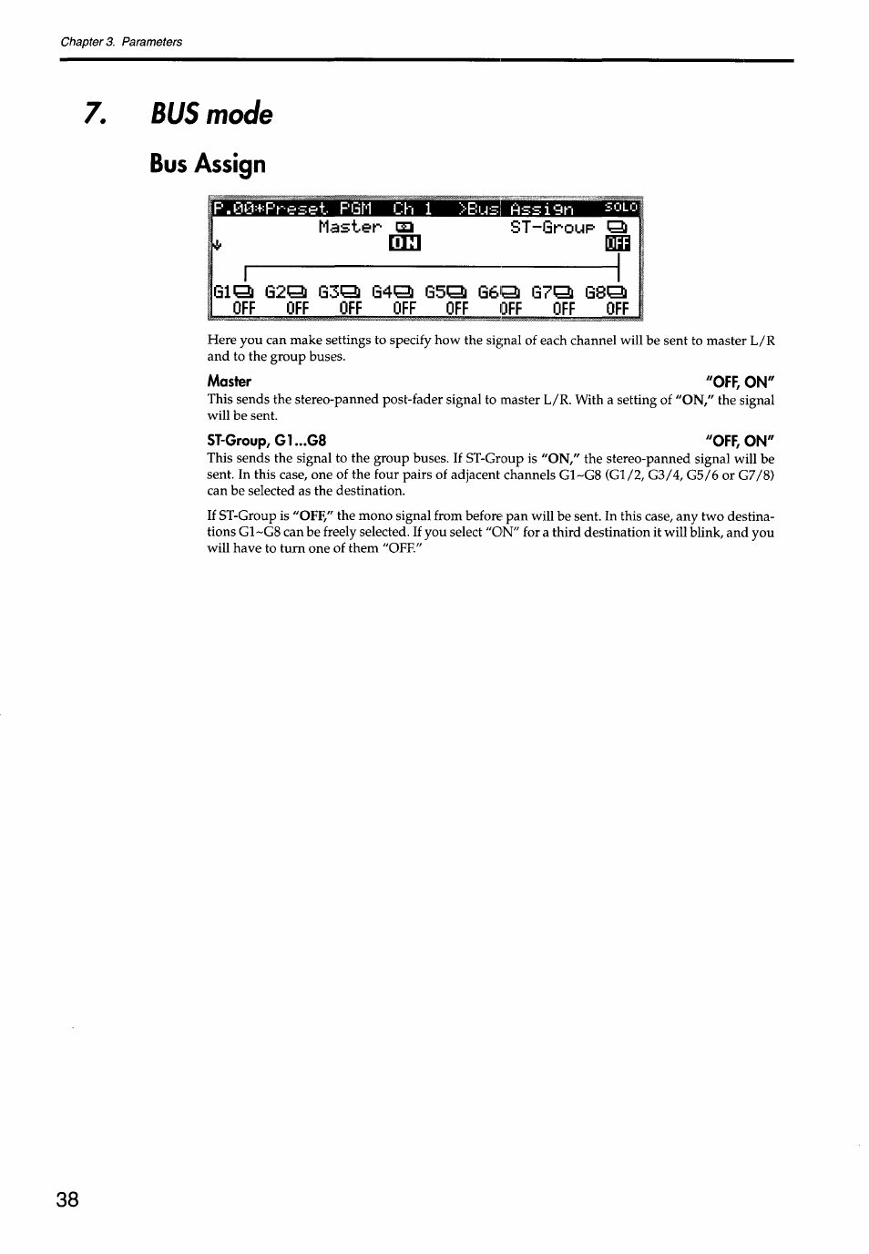 Bus mode bus assign, Master ta, St-group ql | Master "off, on, St-group, g1 ...g8 "off, on | KORG Soundlink DRS REcording Console 168RC User Manual | Page 45 / 118