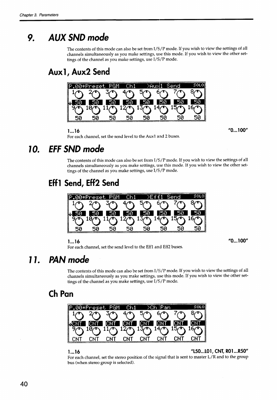 Aux snd mode, Auxi, aux2 send, Eff snd mode | Effi send, eff2 send, 9q llq 13q 1^ 16q, 1l pan mode, Ch pan, Cht icht icht, Cht ioht icht, 1 "l50...l01, cnt, r01...r50 | KORG Soundlink DRS REcording Console 168RC User Manual | Page 47 / 118