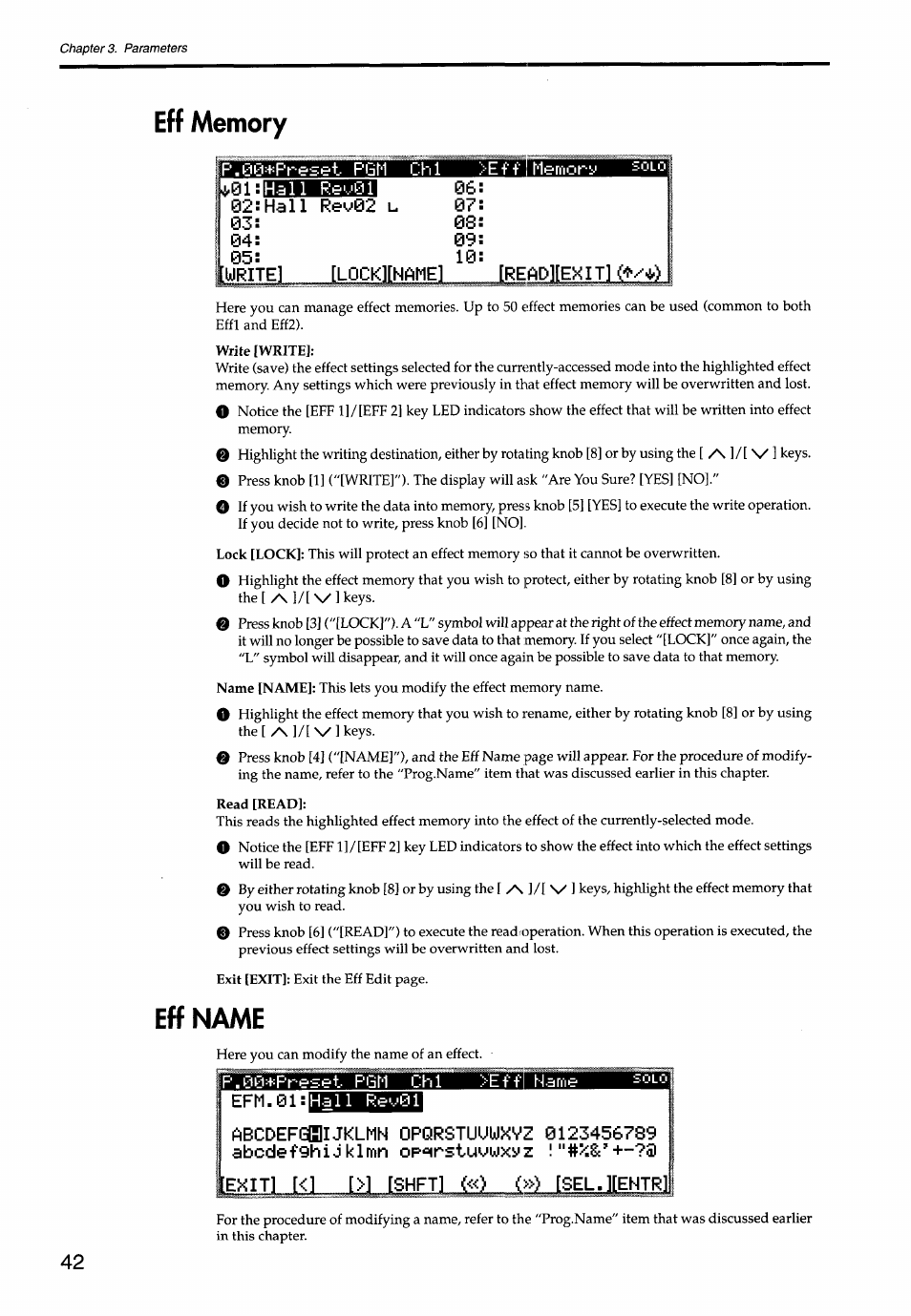 Efm.01, Exit] [<1 [>] [shft] («> (») [sel.][entrll, Eff name | Abcdef9hij klmn opihrstuywxyz | KORG Soundlink DRS REcording Console 168RC User Manual | Page 49 / 118