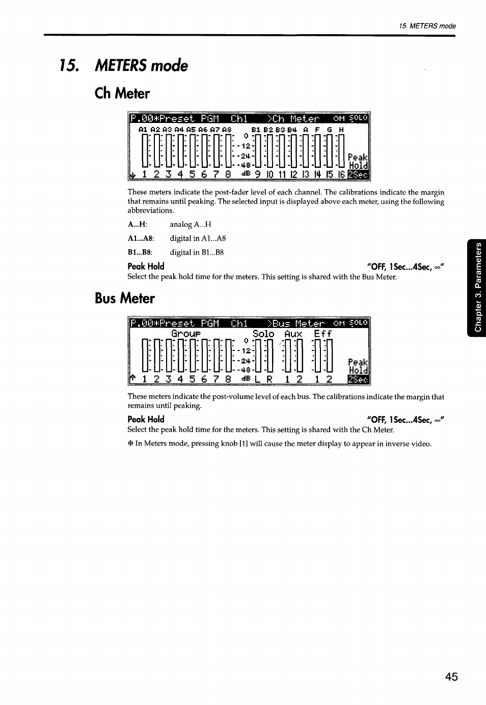 Meters mode, Ch meter, P.üü+pre:=e+.- pgm chi !-=ch meter' '-'m | Peak, 12345678 db 9 10 11 12 13 14 15 16, Peak hold 