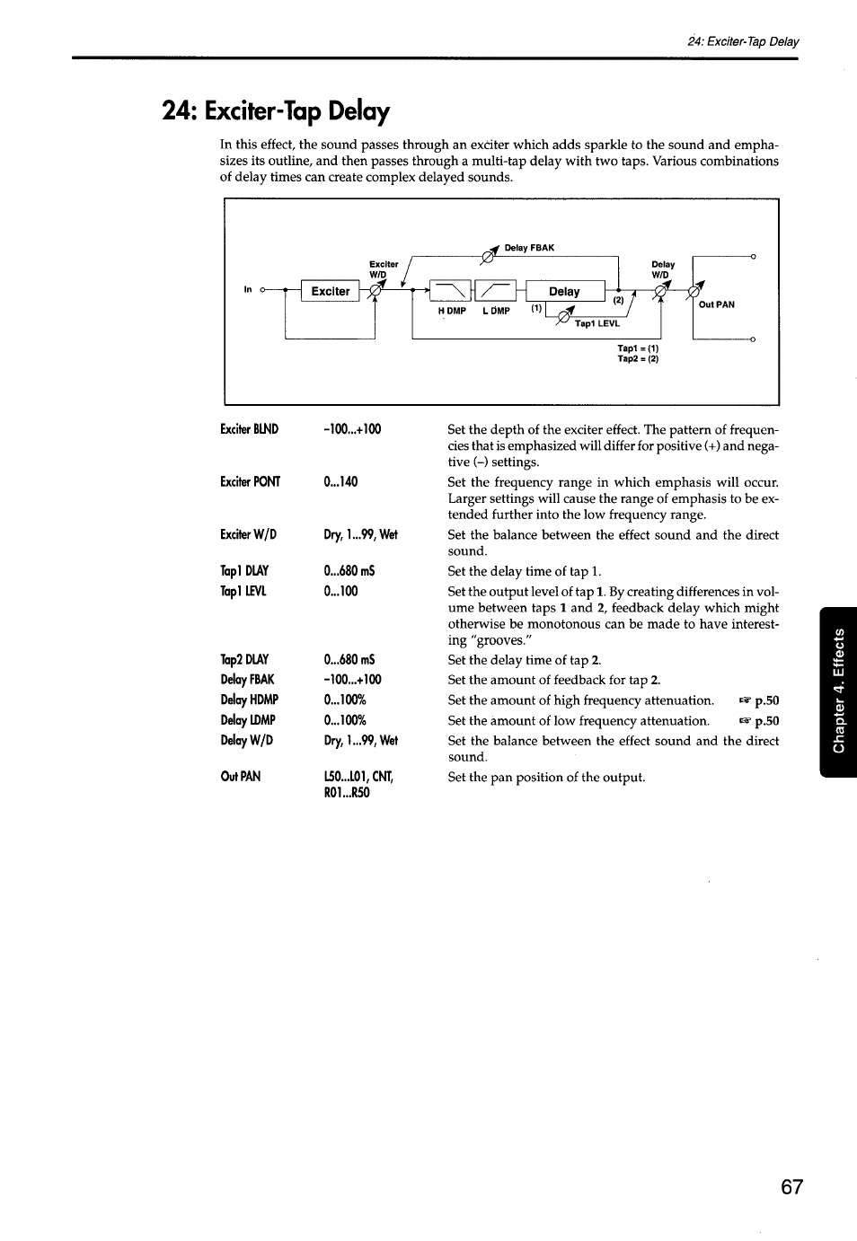 Exciter-tap delay, 24; exciter-tap, Delay | KORG Soundlink DRS REcording Console 168RC User Manual | Page 74 / 118
