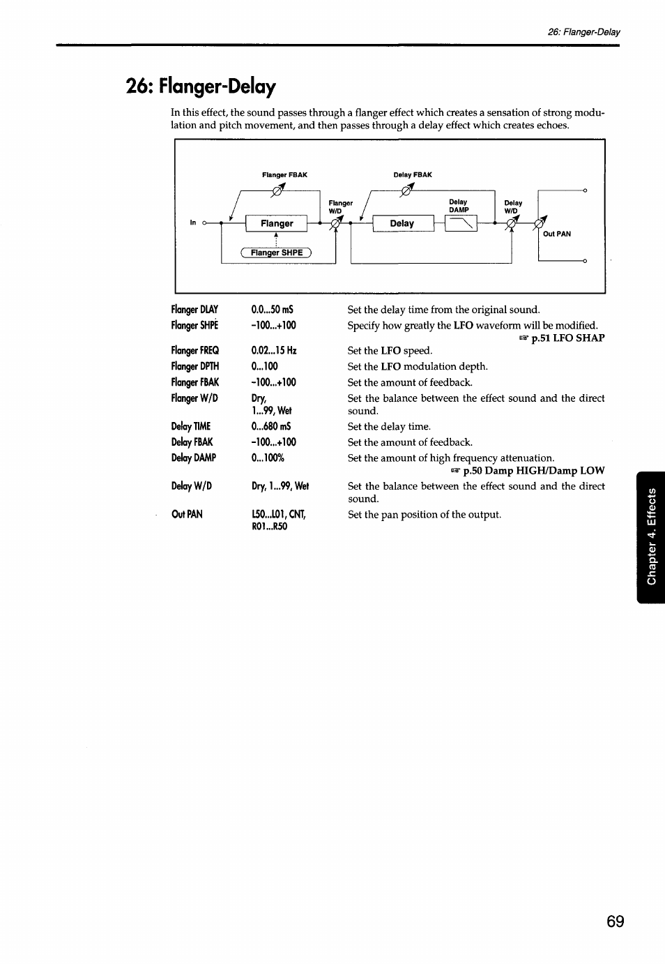 Flanger-delay, Flanger freq 0.02 hz set the lfo speed, 1 , wet sound | Delay time 0 ms set the delay time, R01...r50 | KORG Soundlink DRS REcording Console 168RC User Manual | Page 76 / 118