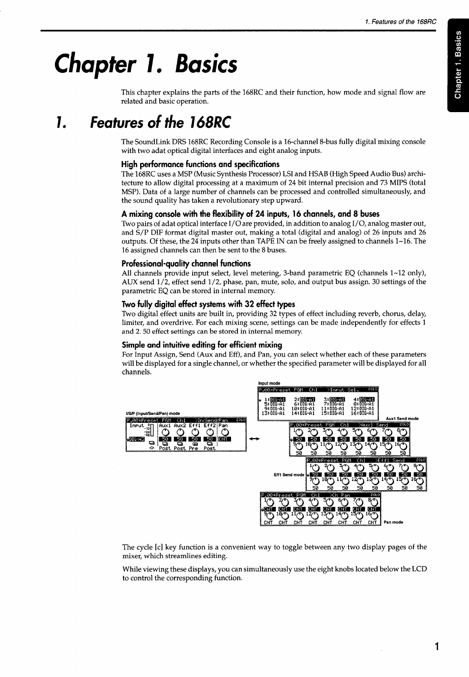 Chapter j. basics, Features of the 168rc, High performance functions and specifications | Professional-quality channel functions, Simple and intuitive editing for efficient mixing, Chapter 1. basics, O