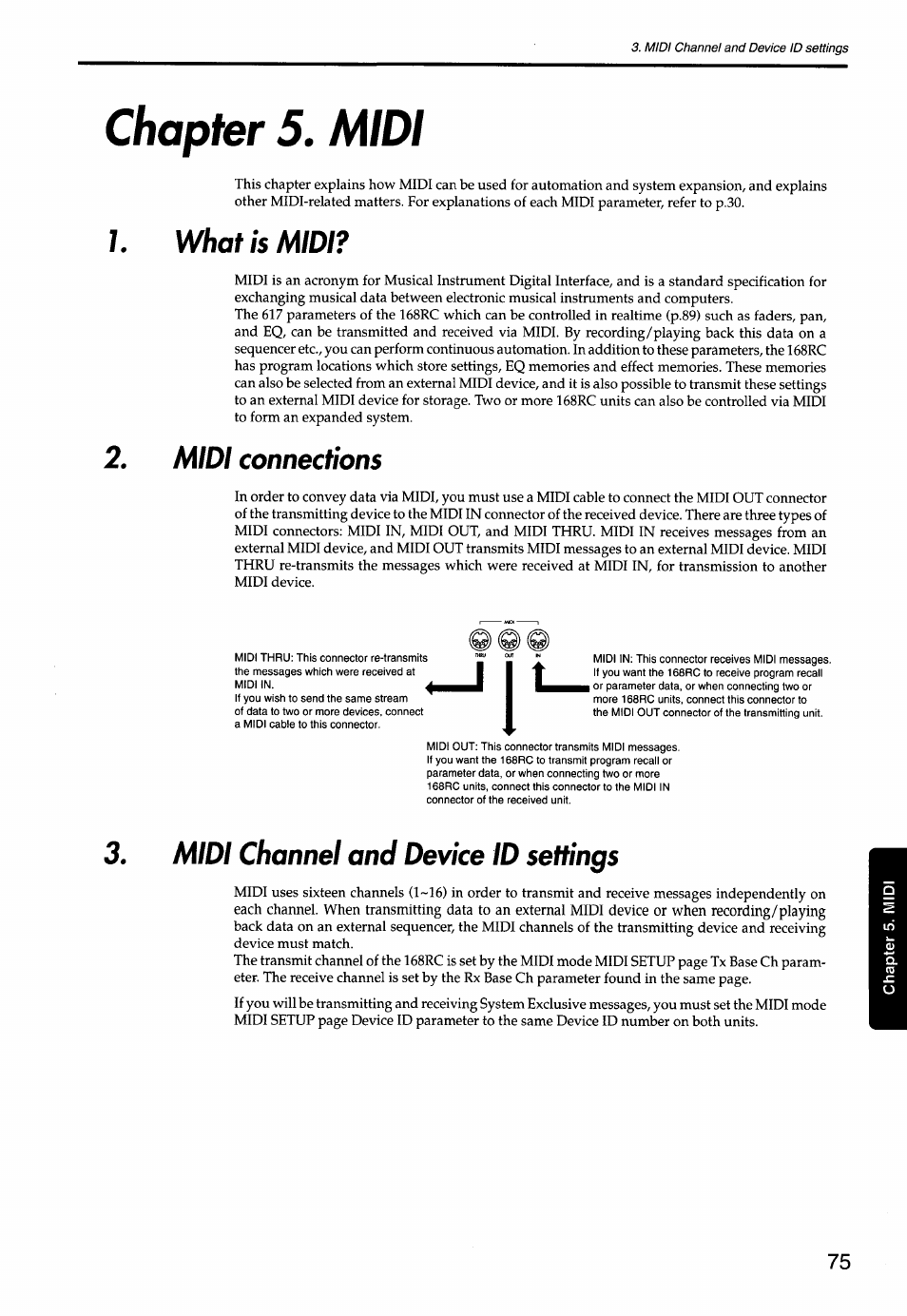 Chapter 5. midi, What is midi, Midi connections | Midi channel and device id settings | KORG Soundlink DRS REcording Console 168RC User Manual | Page 82 / 118