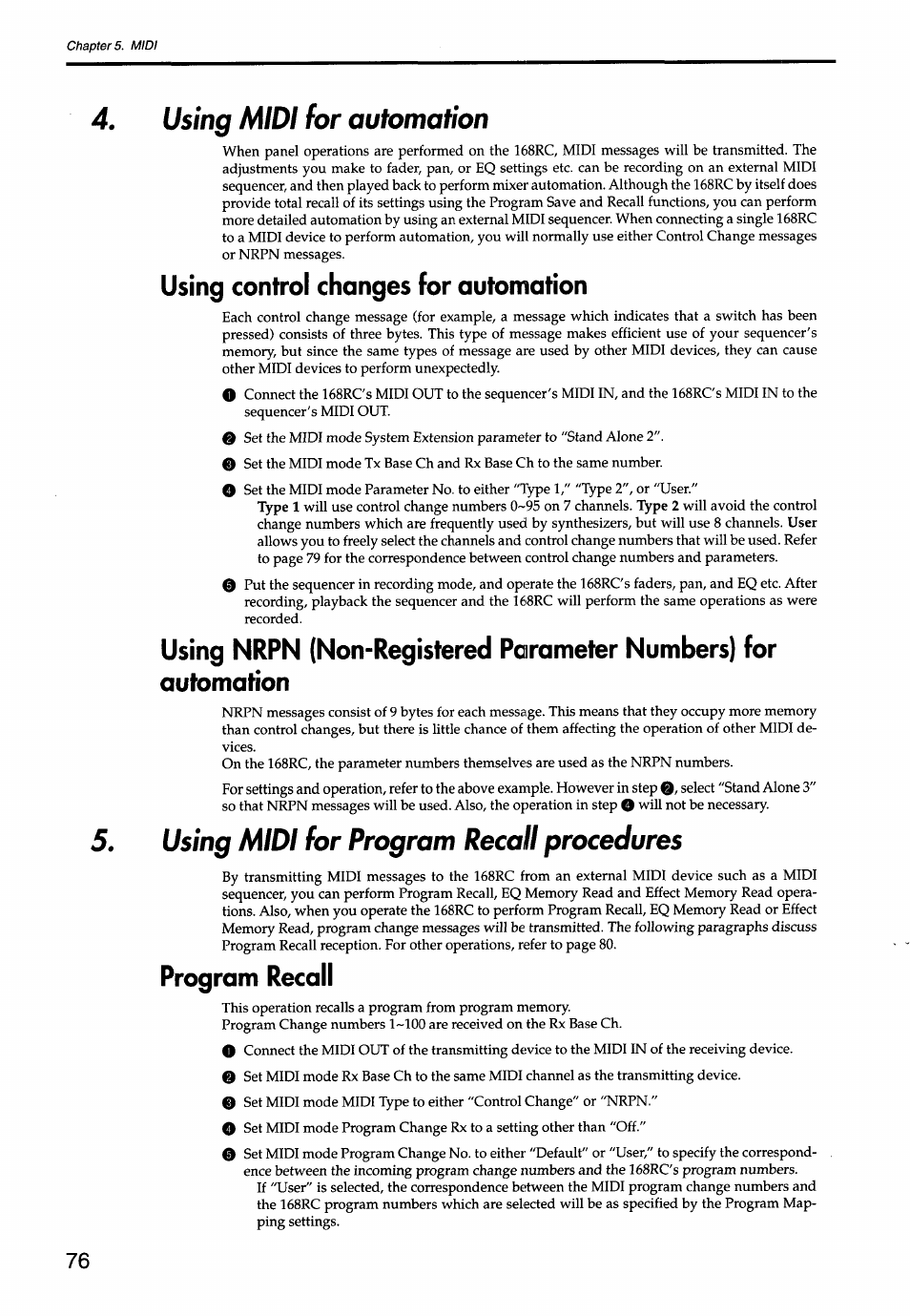 Using midi for automation, Using control changes for automation, Using midi for program recall procedures | Program recall | KORG Soundlink DRS REcording Console 168RC User Manual | Page 83 / 118