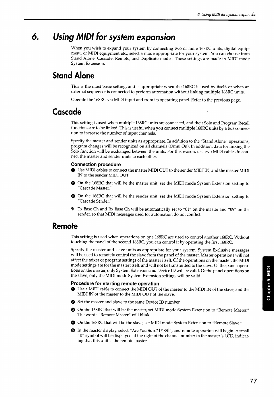 Using midi for system expansion, Stand alone, Cascade | Connection procedure, Remote, Procedure for starting remote operation | KORG Soundlink DRS REcording Console 168RC User Manual | Page 84 / 118