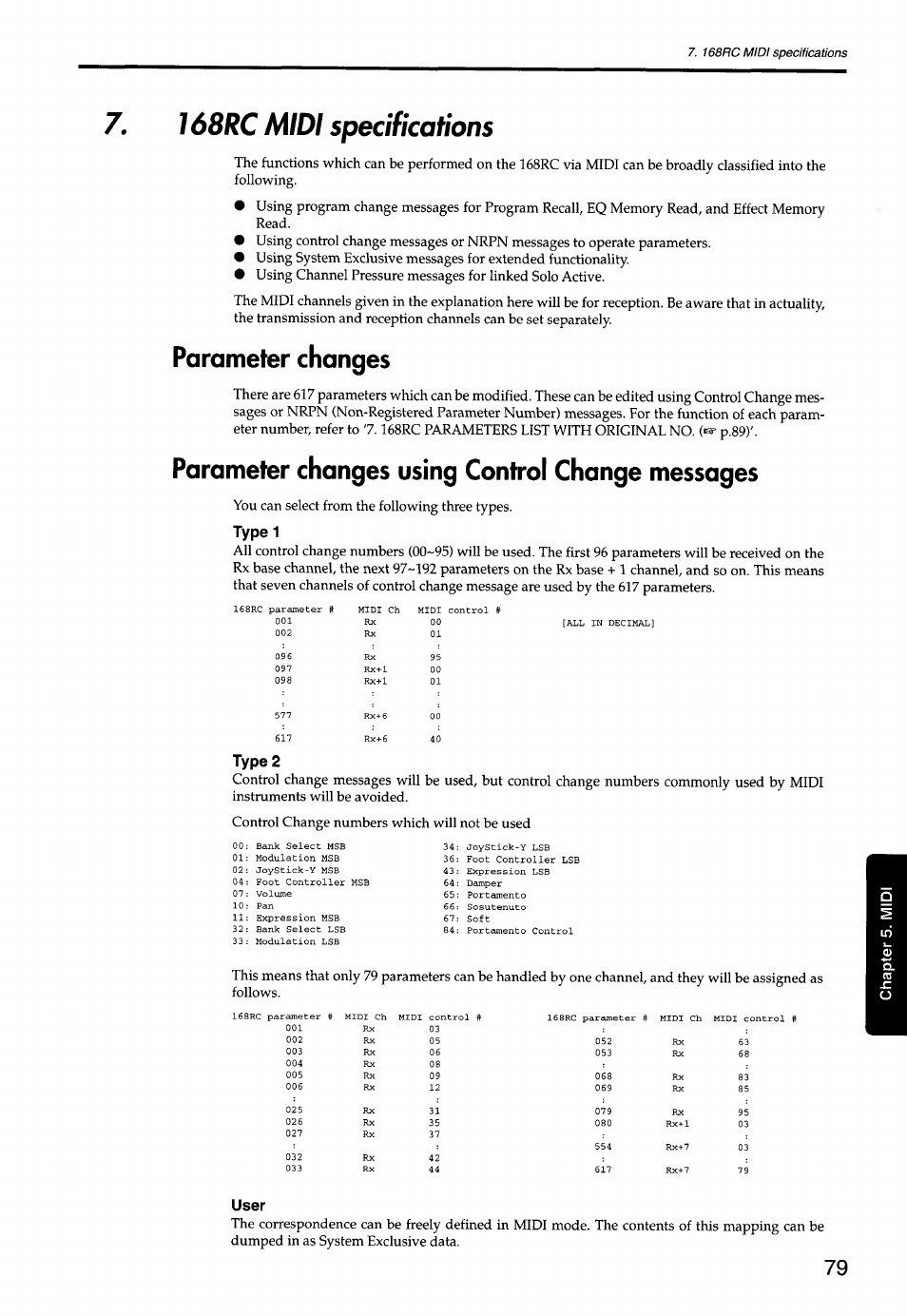 168rc midi specif ¡cations, Parameter changes, Parameter changes using control change messages | Type 1, Type 2, User, 168rc midi specifications | KORG Soundlink DRS REcording Console 168RC User Manual | Page 86 / 118