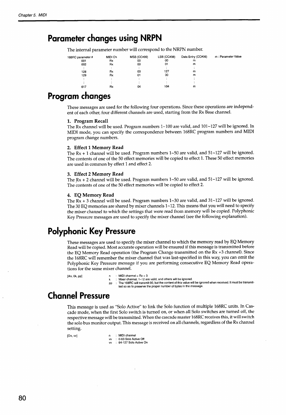 Parameter changes using nrpn, Program changes, Polyphonic key pressure | Channel pressure | KORG Soundlink DRS REcording Console 168RC User Manual | Page 87 / 118