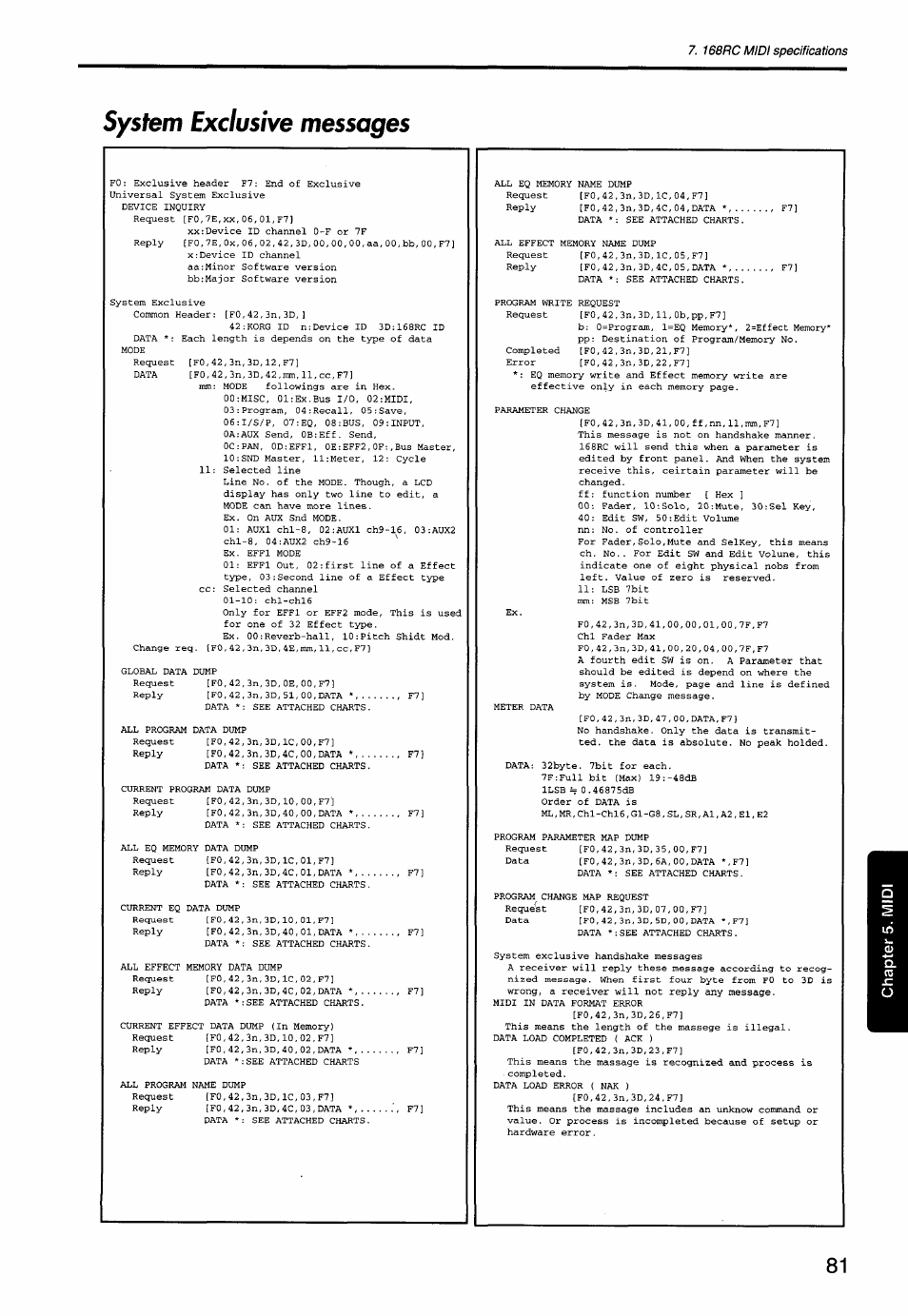 System exclusive messages | KORG Soundlink DRS REcording Console 168RC User Manual | Page 88 / 118