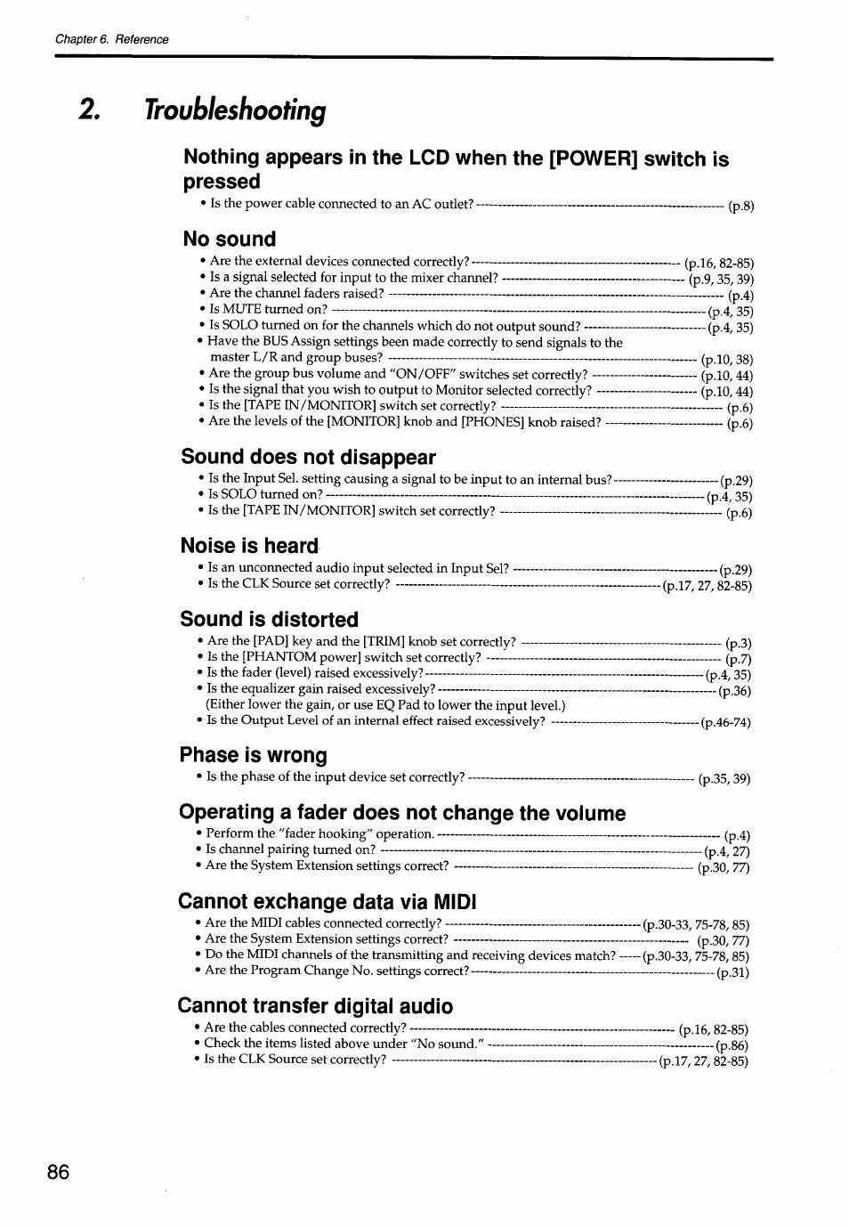 Troubleshooting, No sound, Sound does not disappear | Noise is heard, Sound is distorted, Phase is wrong, Operating a fader does not change the volume, Cannot exchange data via midi, Cannot transfer digital audio | KORG Soundlink DRS REcording Console 168RC User Manual | Page 93 / 118
