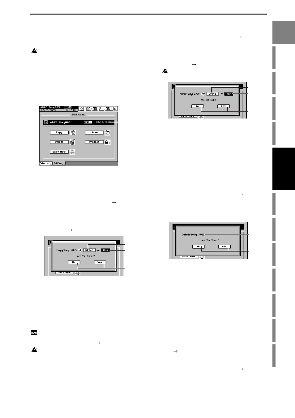 Song editing, 1. song editing procedure, Copying a song | Moving a song, Deleting a song, Protecting a song, Protect on, Operation | KORG XTENDED DEFINITION D32XD User Manual | Page 51 / 208