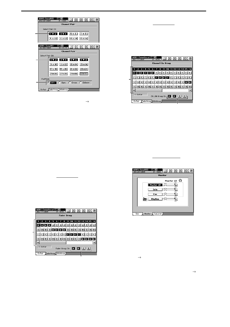 6. group settings (d32xd), Fader groups, Ch on groups | 7. monitor settings, Fader groups ch on groups, P.50, 1, Refer to “3-7. monitor settings, P.50) | KORG XTENDED DEFINITION D32XD User Manual | Page 60 / 208