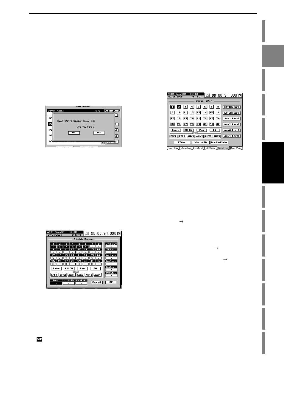 5. editing and overwriting a scene, 8. controlling scenes via midi, Midi output | Midi input, Disabled for an individual scene, 7. specifying parameters that will be, Disabled for all scenes, Midi output midi input, Operation | KORG XTENDED DEFINITION D32XD User Manual | Page 63 / 208