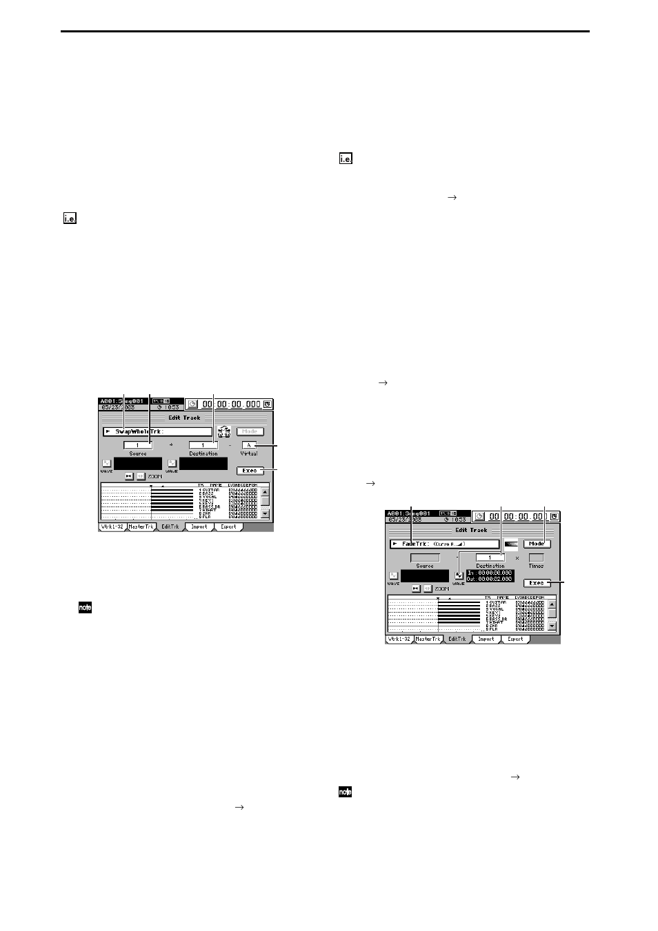 Exchange two entire tracks (swapwholetrk), Swapping entire tracks, Fade-in/fade-out (fadetrk) | Creating a fade-in, Exchange two entire tracks (swapwholetrk)76 | KORG XTENDED DEFINITION D32XD User Manual | Page 86 / 208