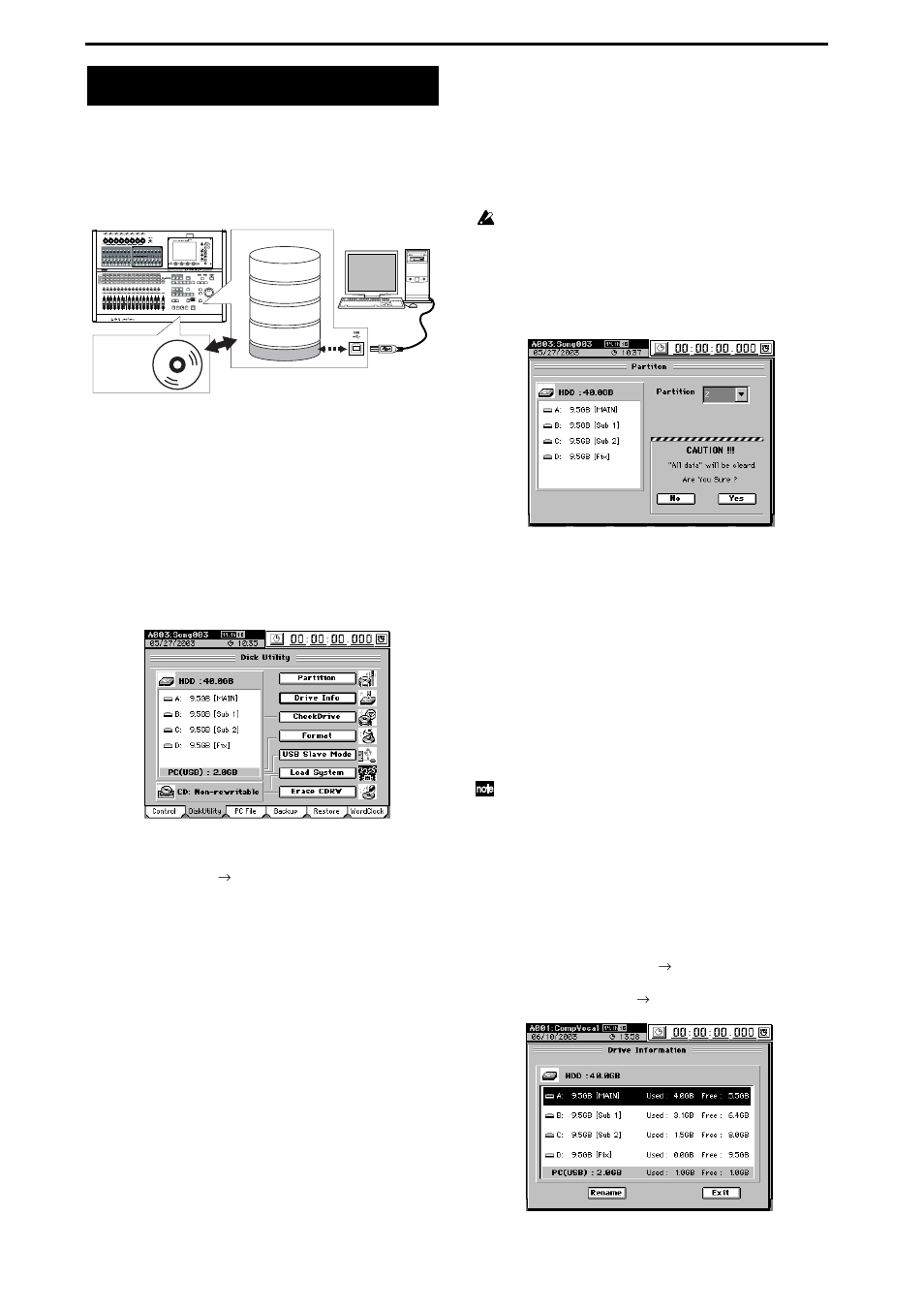 Drive, Renaming a song drive, Partitioning the hard drive into separate song | Drives (partitions) | KORG XTENDED DEFINITION D32XD User Manual | Page 98 / 208