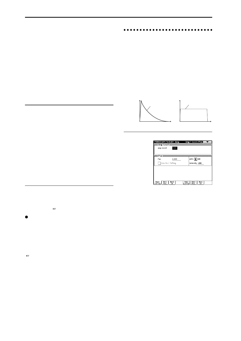 Amplifier settings p4: edit-amp, Filter1 lfo mod. page, Filter1 eg page | Amp1 level/pan page | KORG TRITON Extreme music workstation/sampler User Manual | Page 32 / 148