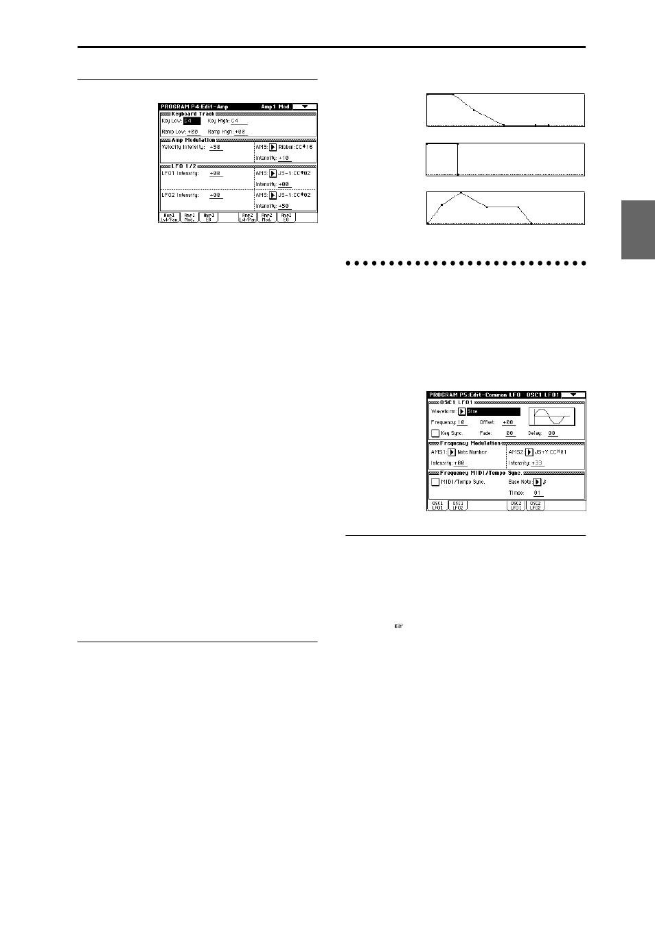 Lfo settings p5: edit-common lfo, 29 amp1 mod. page, Amp1 eg page | KORG TRITON Extreme music workstation/sampler User Manual | Page 33 / 148