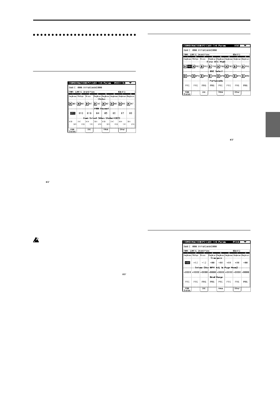 P2: edit-trk param, Midi ch page, Osc page | Pitch page | KORG TRITON Extreme music workstation/sampler User Manual | Page 39 / 148
