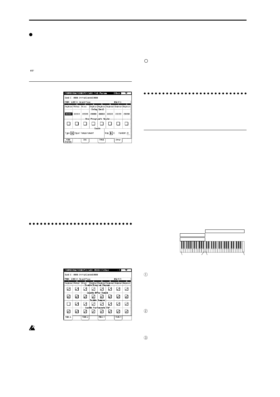 Midi filter settings p3: edit-midi filter, Settings p4: edit-zone/ctrl, Other page | Key zone page (key zone settings) | KORG TRITON Extreme music workstation/sampler User Manual | Page 40 / 148