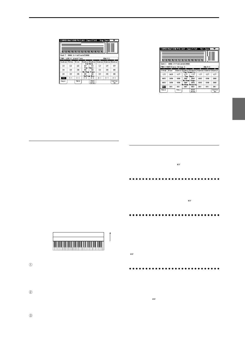 Arpeggiator settings p7: edit-arp, Insert effect settings p8: edit-insert fx, P9: edit-master fx | Vel zone page (velocity zone settings), Control page (controller settings) | KORG TRITON Extreme music workstation/sampler User Manual | Page 41 / 148