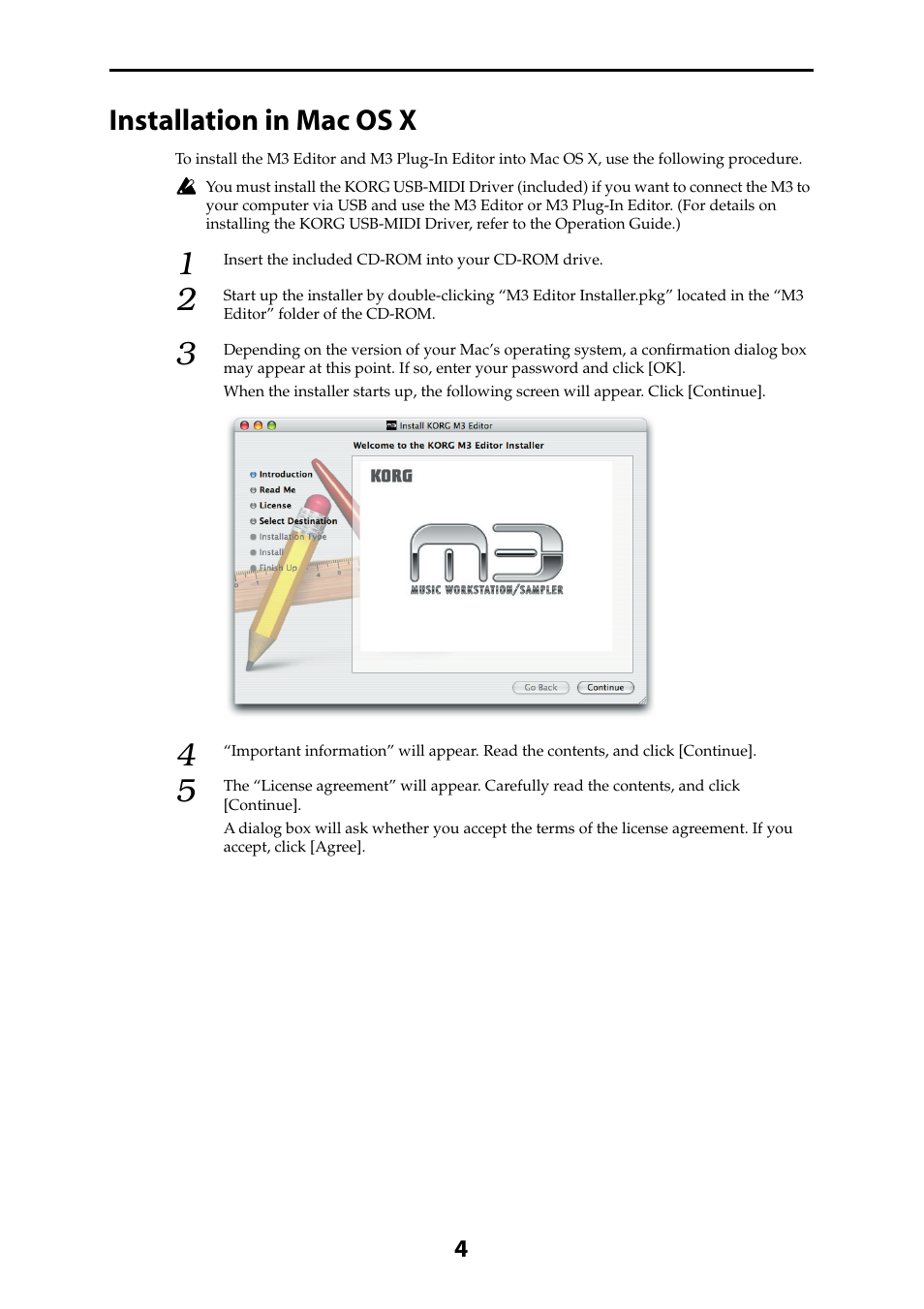 Installation in mac os x | KORG M3 User Manual | Page 6 / 32