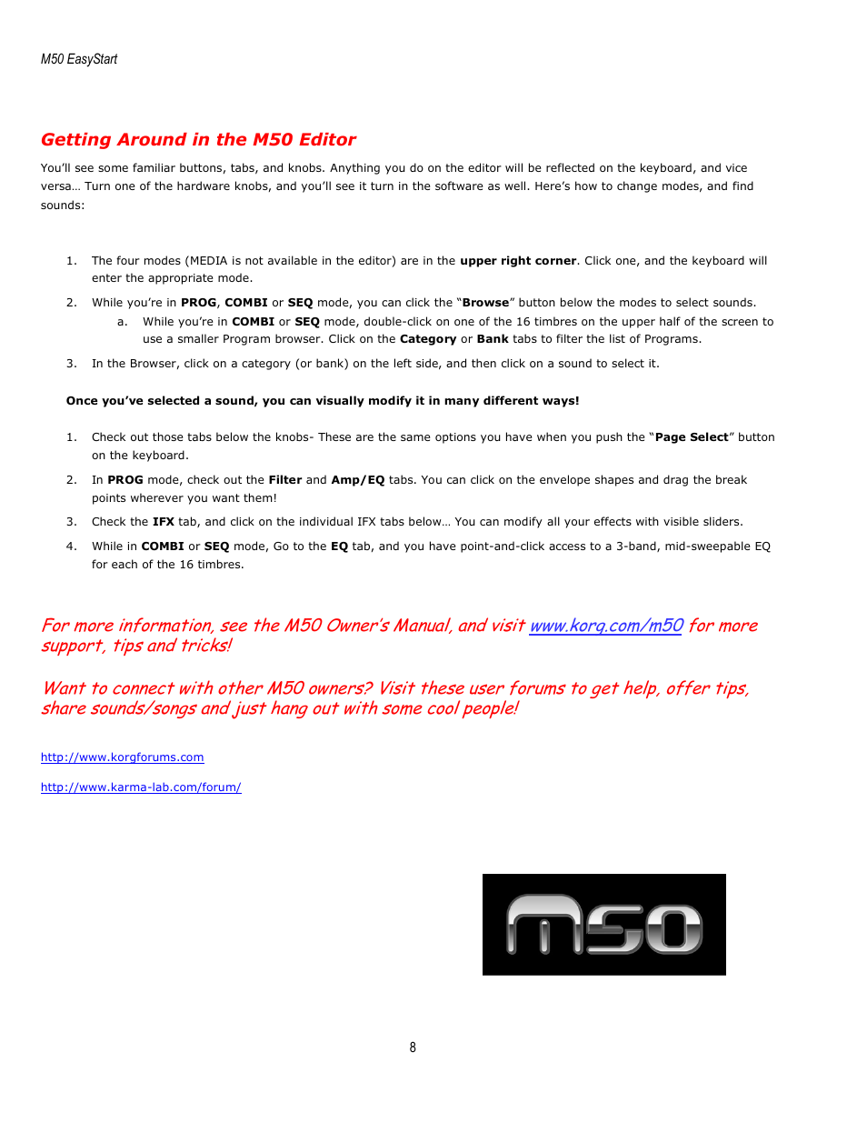 Getting around in the m50 editor | KORG EASYSTART M50 User Manual | Page 8 / 8