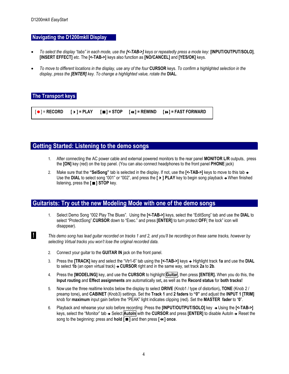 Getting started: listening to the demo songs | KORG D1200mkii User Manual | Page 4 / 8