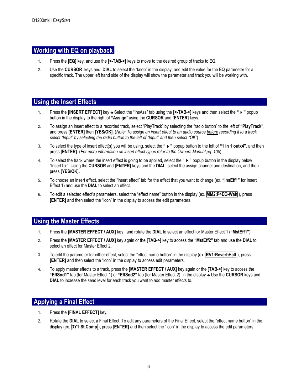 Working with eq on playback, Using the insert effects, Using the master effects | Applying a final effect | KORG D1200mkii User Manual | Page 6 / 8