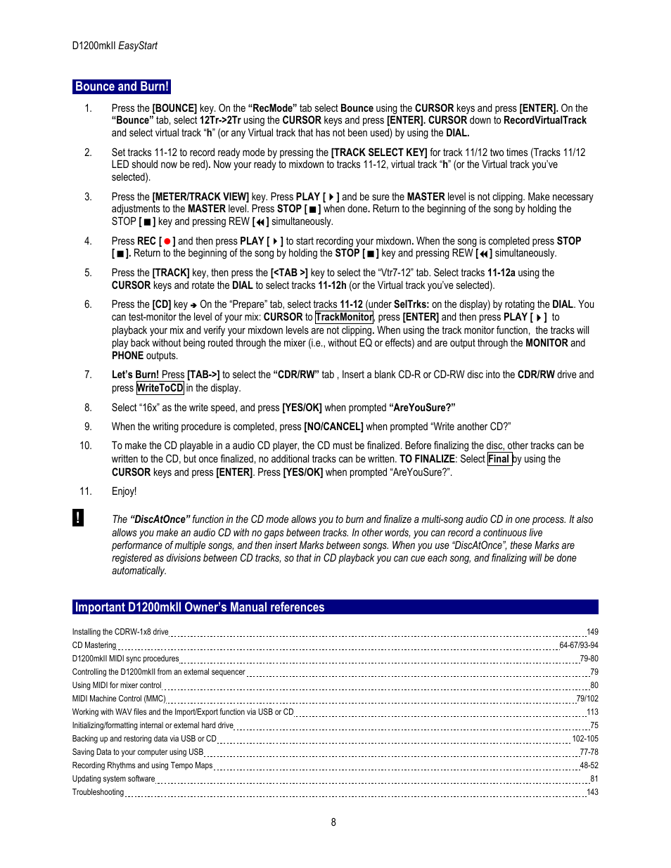 Bounce and burn, Important d1200mkii owner’s manual references | KORG D1200mkii User Manual | Page 8 / 8