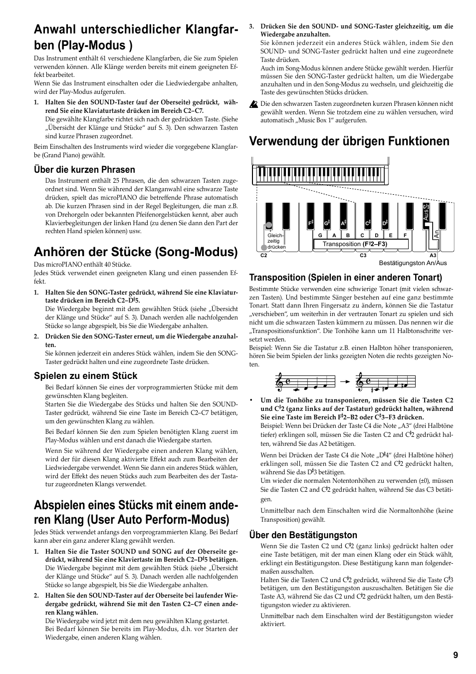 Anwahl unterschiedlicher klangfarben(play-modus ), Anhören der stücke (song-modus), Verwendung der übrigen funktionen | Über die kurzen phrasen, Spielen zu einem stück, Transposition (spielen in einer anderen tonart), Über den bestätigungston | KORG DIGITAL PIANO E F G 1 User Manual | Page 11 / 12