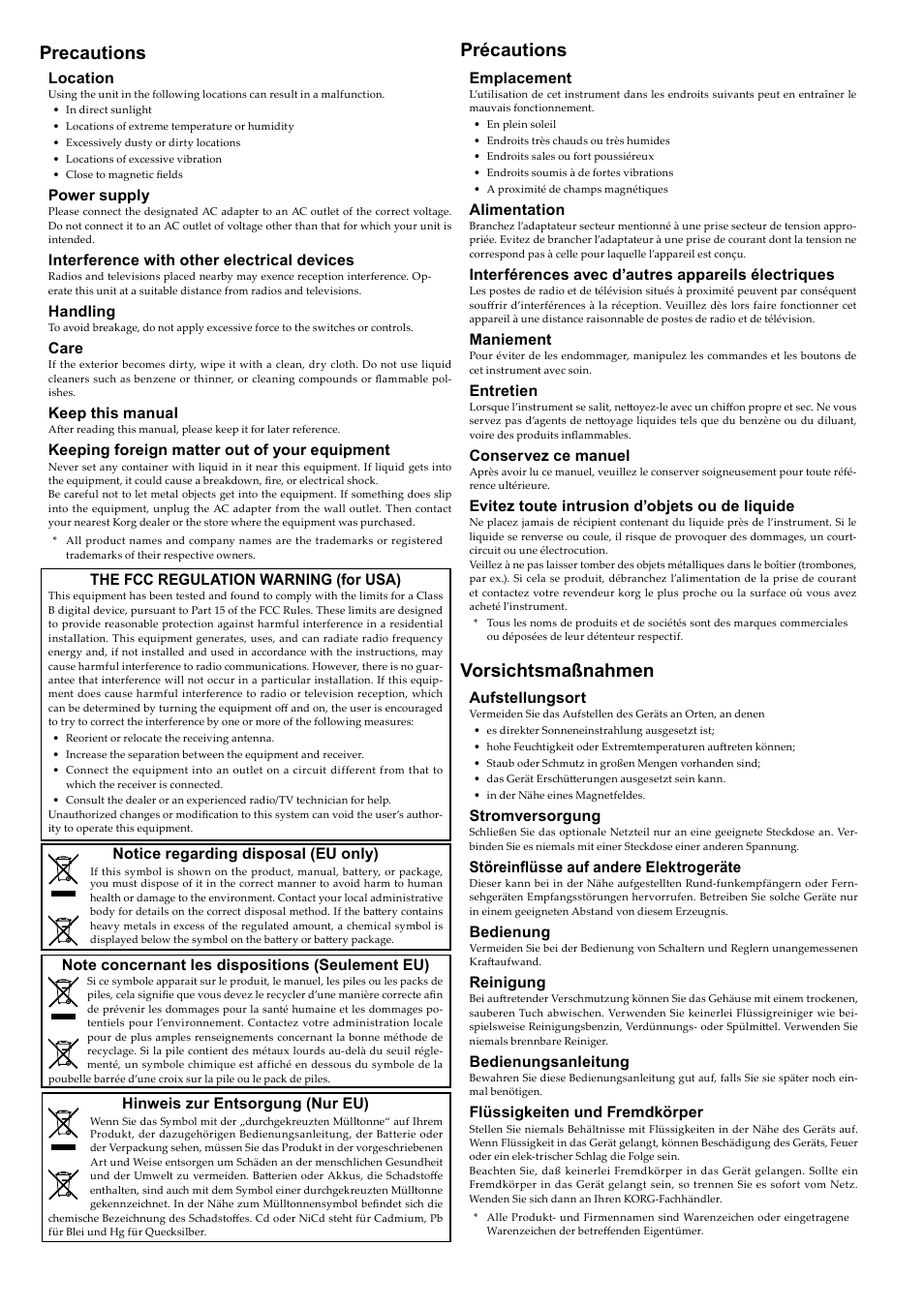 Precautions, Précautions, Vorsichtsmaßnahmen | Location, Power supply, Interference with other electrical devices, Handling, Care, Keep this manual, Keeping foreign matter out of your equipment | KORG DIGITAL PIANO E F G 1 User Manual | Page 2 / 12