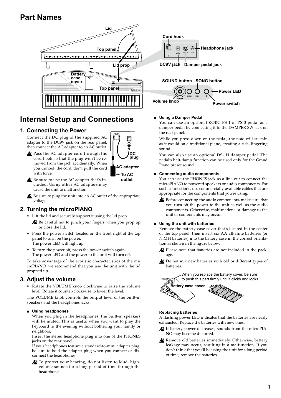 English, Part names, Internal setup and connections | Connecting the power, Turning the micropiano, Adjust the volume | KORG DIGITAL PIANO E F G 1 User Manual | Page 3 / 12