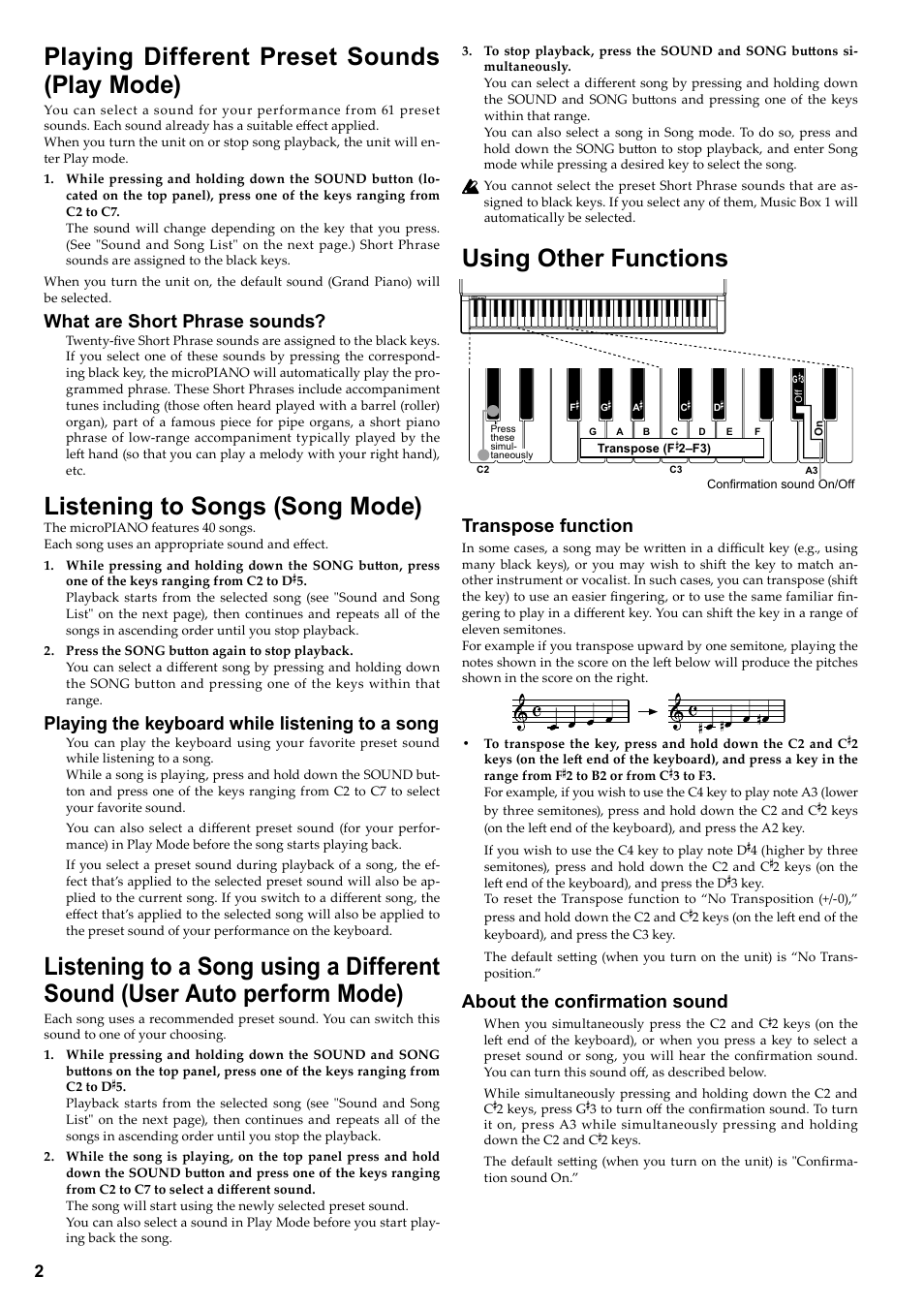 Playing different preset sounds(play mode), Listening to songs (song mode), Using other functions | Playing different preset sounds (play mode), What are short phrase sounds, Playing the keyboard while listening to a song, Transpose function, About the confirmation sound | KORG DIGITAL PIANO E F G 1 User Manual | Page 4 / 12