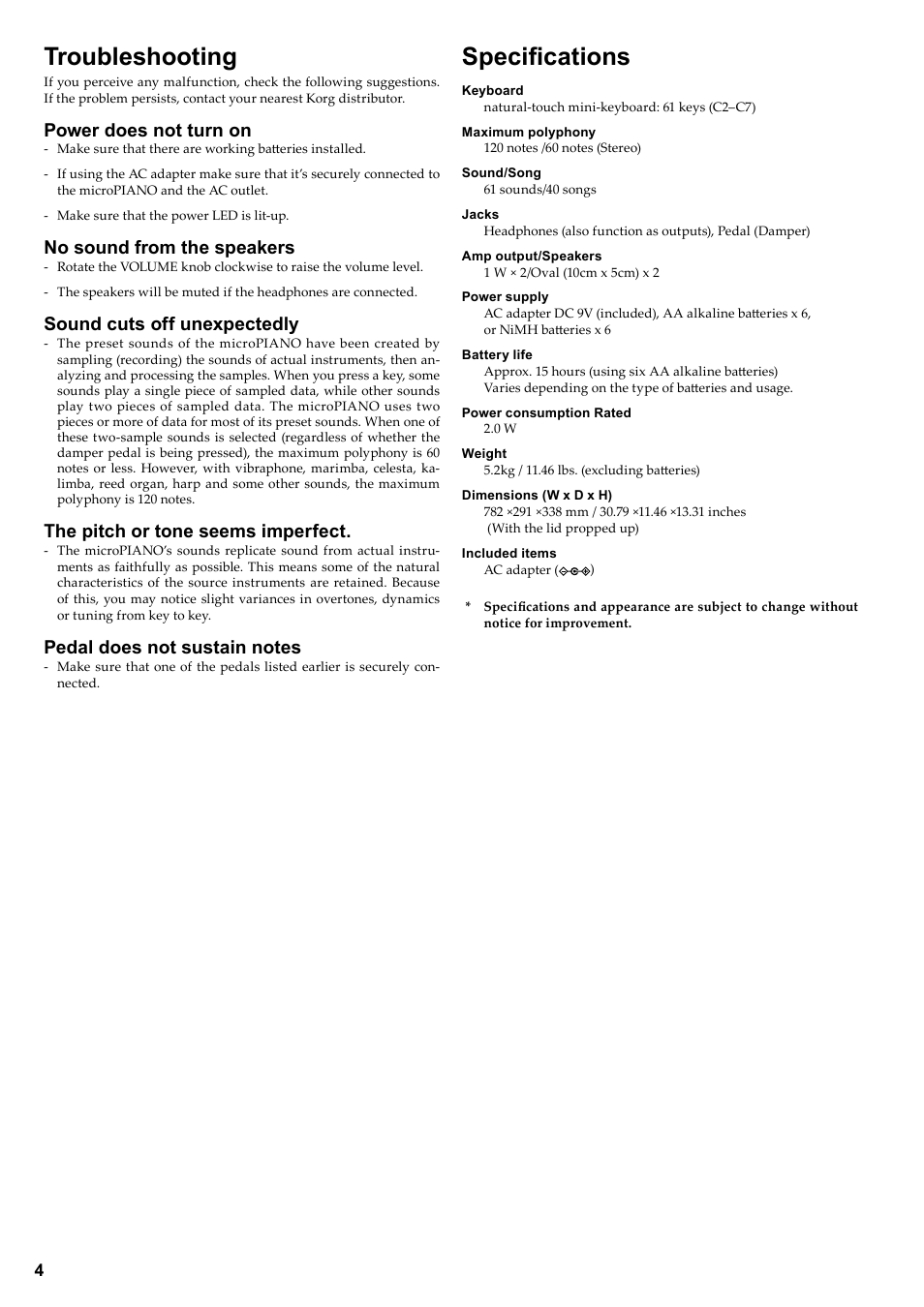 Troubleshooting, Specifications, Power does not turn on | No sound from the speakers, Sound cuts off unexpectedly, The pitch or tone seems imperfect | KORG DIGITAL PIANO E F G 1 User Manual | Page 6 / 12