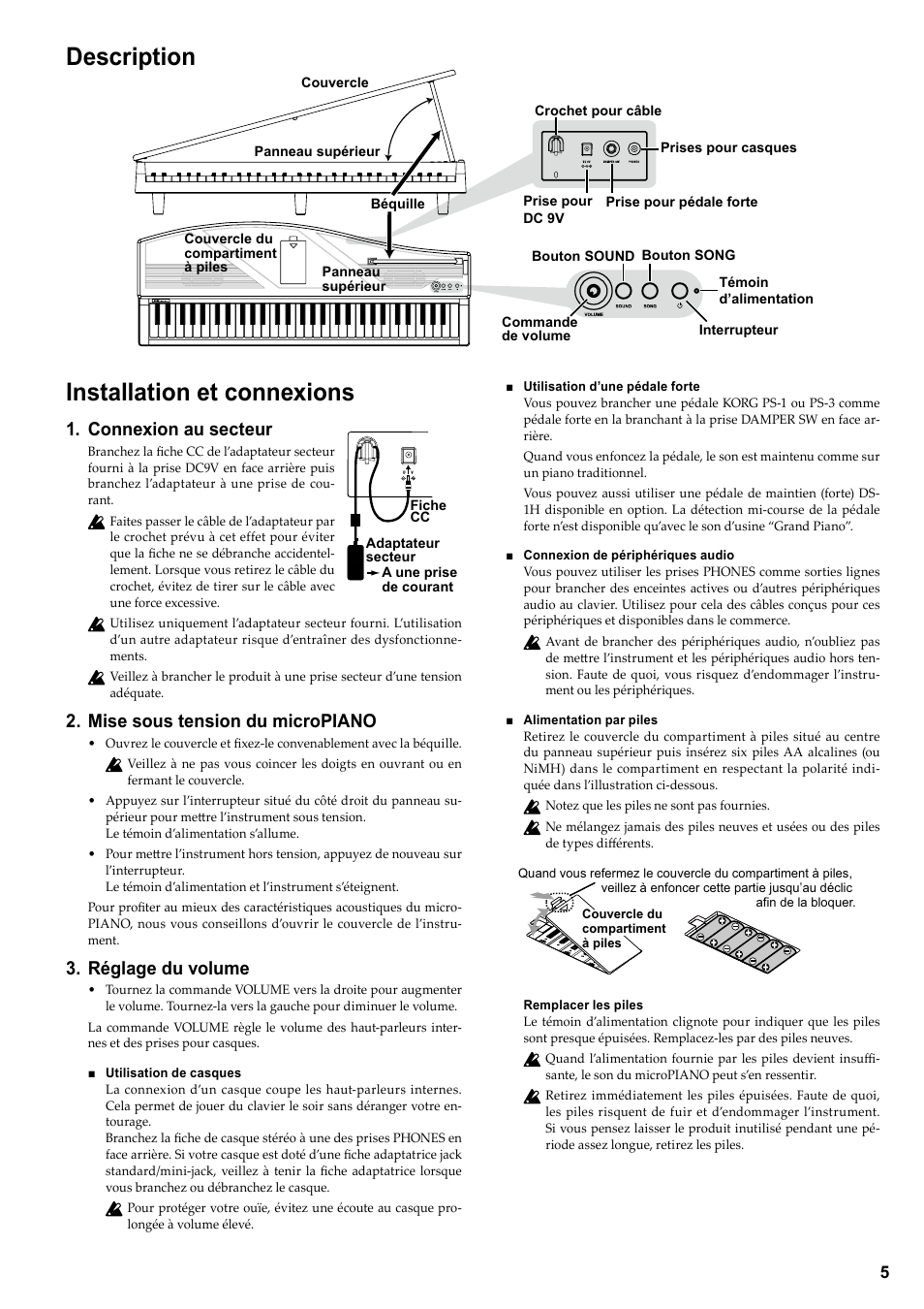 Français, Description, Installation et connexions | Connexion au secteur, Mise sous tension du micropiano, Réglage du volume | KORG DIGITAL PIANO E F G 1 User Manual | Page 7 / 12