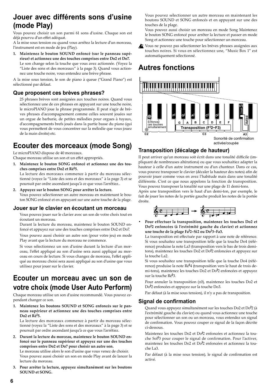 Jouer avec différents sons d’usine(mode play), Ecouter des morceaux (mode song), Autres fonctions | Jouer avec différents sons d’usine (mode play), Que proposent ces brèves phrases, Jouer sur le clavier en écoutant un morceau, Transposition (décalage de hauteur), Signal de confirmation | KORG DIGITAL PIANO E F G 1 User Manual | Page 8 / 12