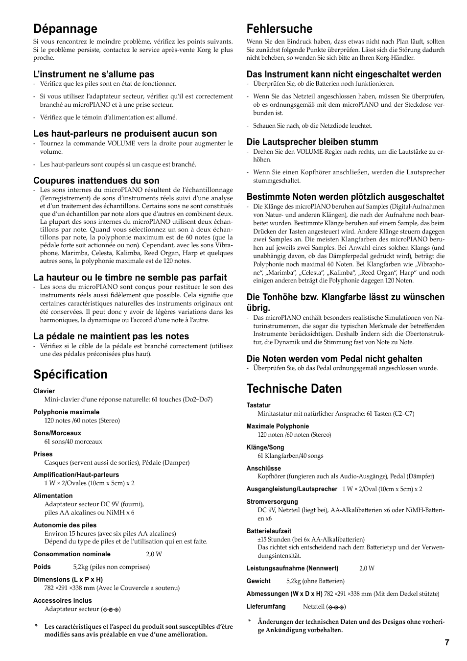 Dépannage, Spécification, Fehlersuche | Technische daten, Das instrument kann nicht eingeschaltet werden, Die lautsprecher bleiben stumm, L’instrument ne s’allume pas, Les haut-parleurs ne produisent aucun son, Coupures inattendues du son, La hauteur ou le timbre ne semble pas parfait | KORG DIGITAL PIANO E F G 1 User Manual | Page 9 / 12