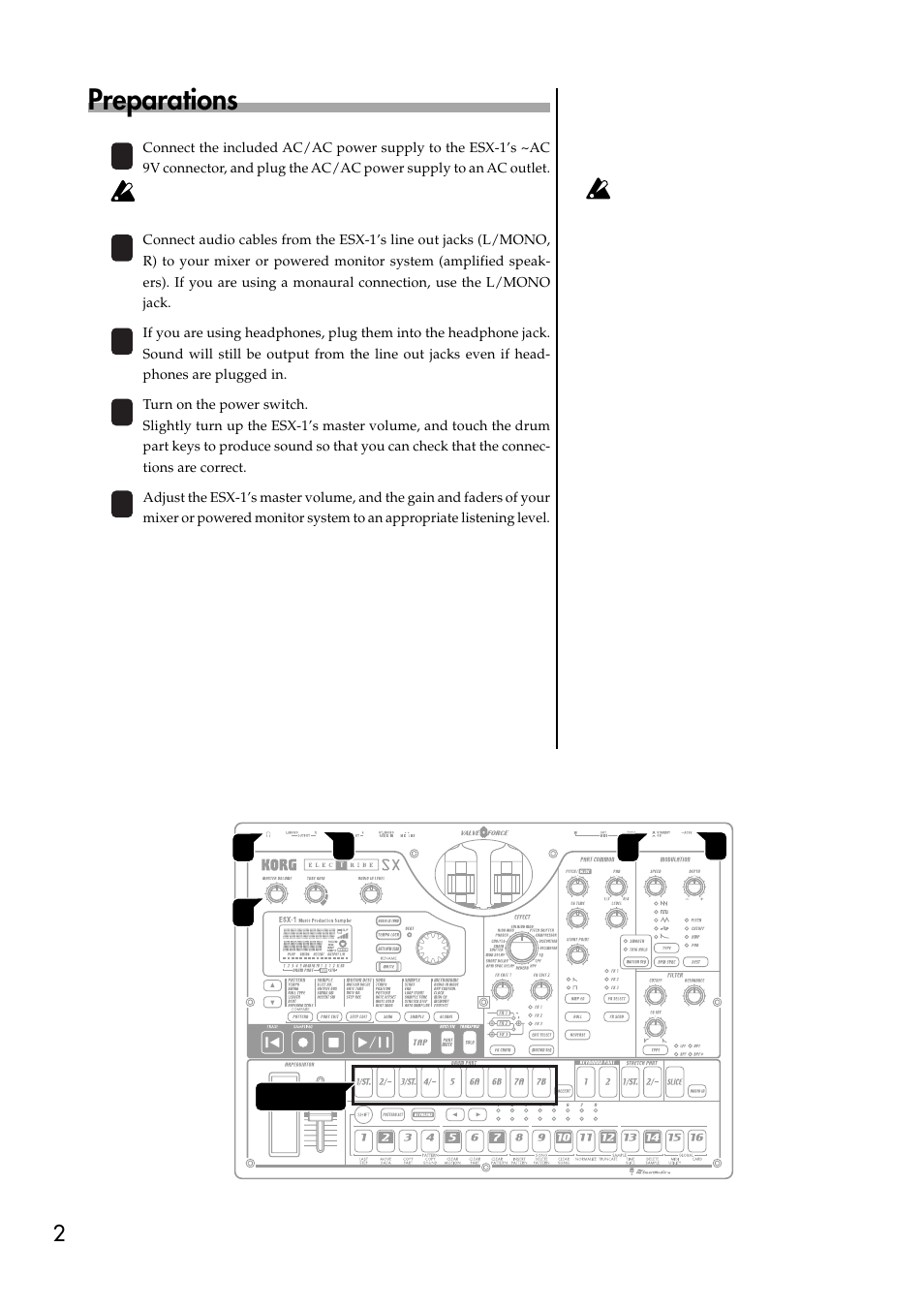 Preparations | KORG Music Production Sampler ESX-1 User Manual | Page 2 / 8