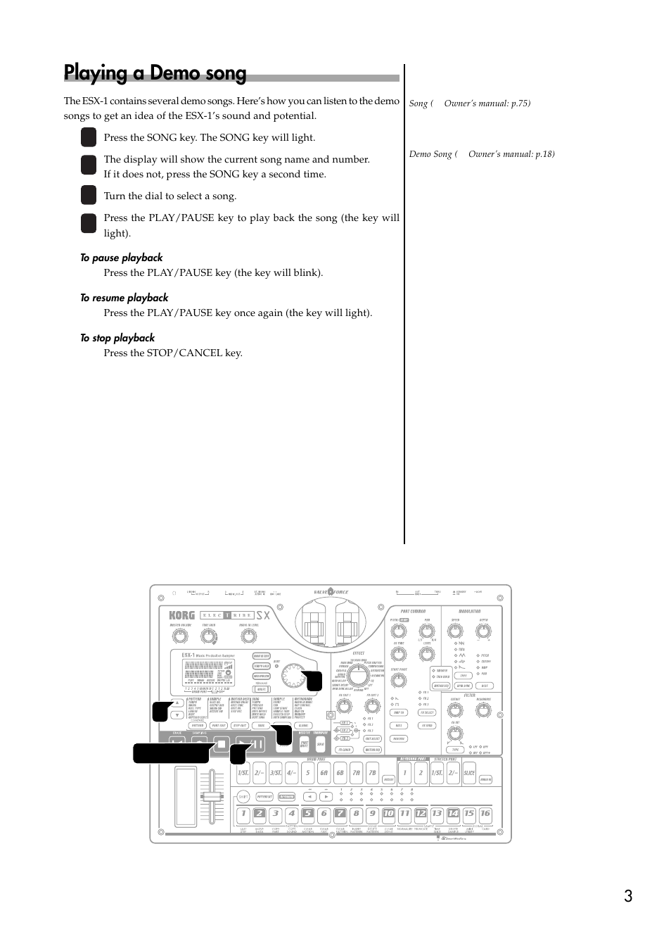 Playing a demo song | KORG Music Production Sampler ESX-1 User Manual | Page 3 / 8