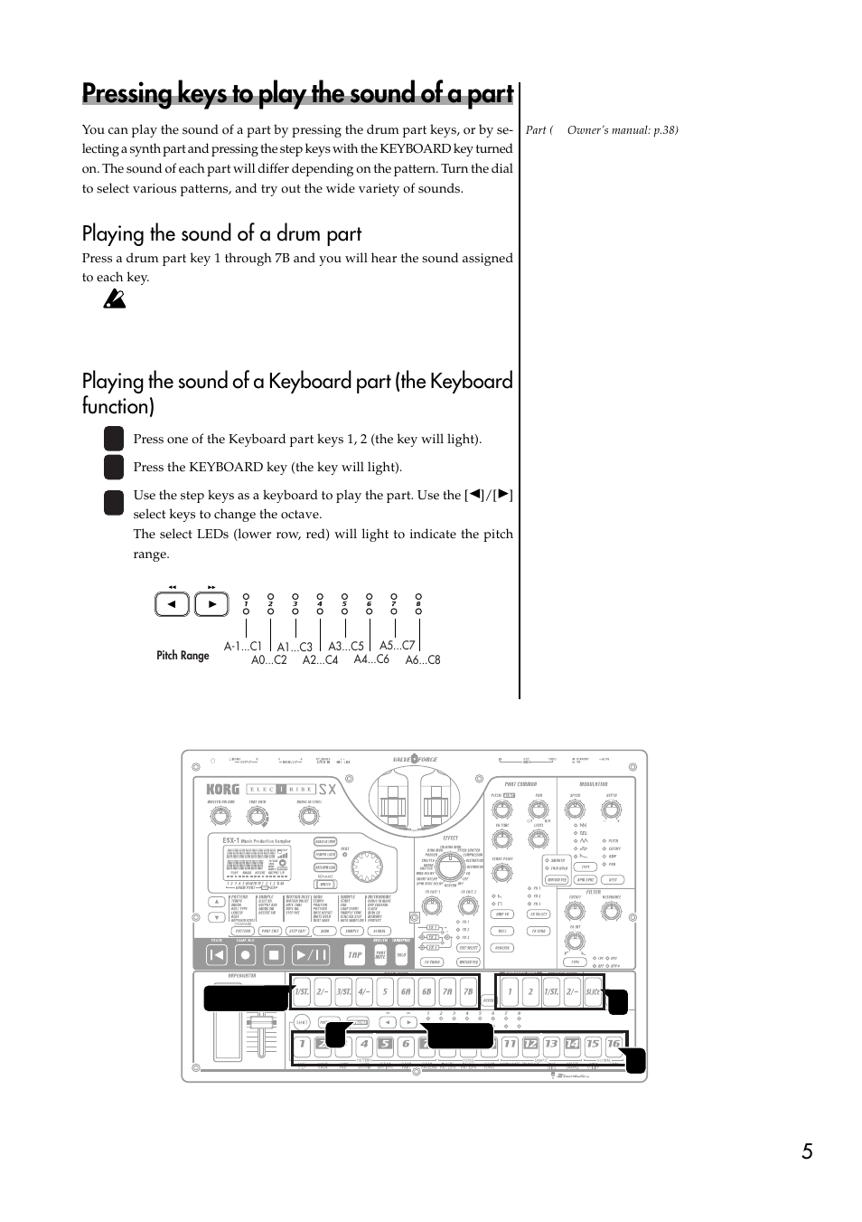 Pressing keys to play the sound of a part, Playing the sound of a drum part | KORG Music Production Sampler ESX-1 User Manual | Page 5 / 8