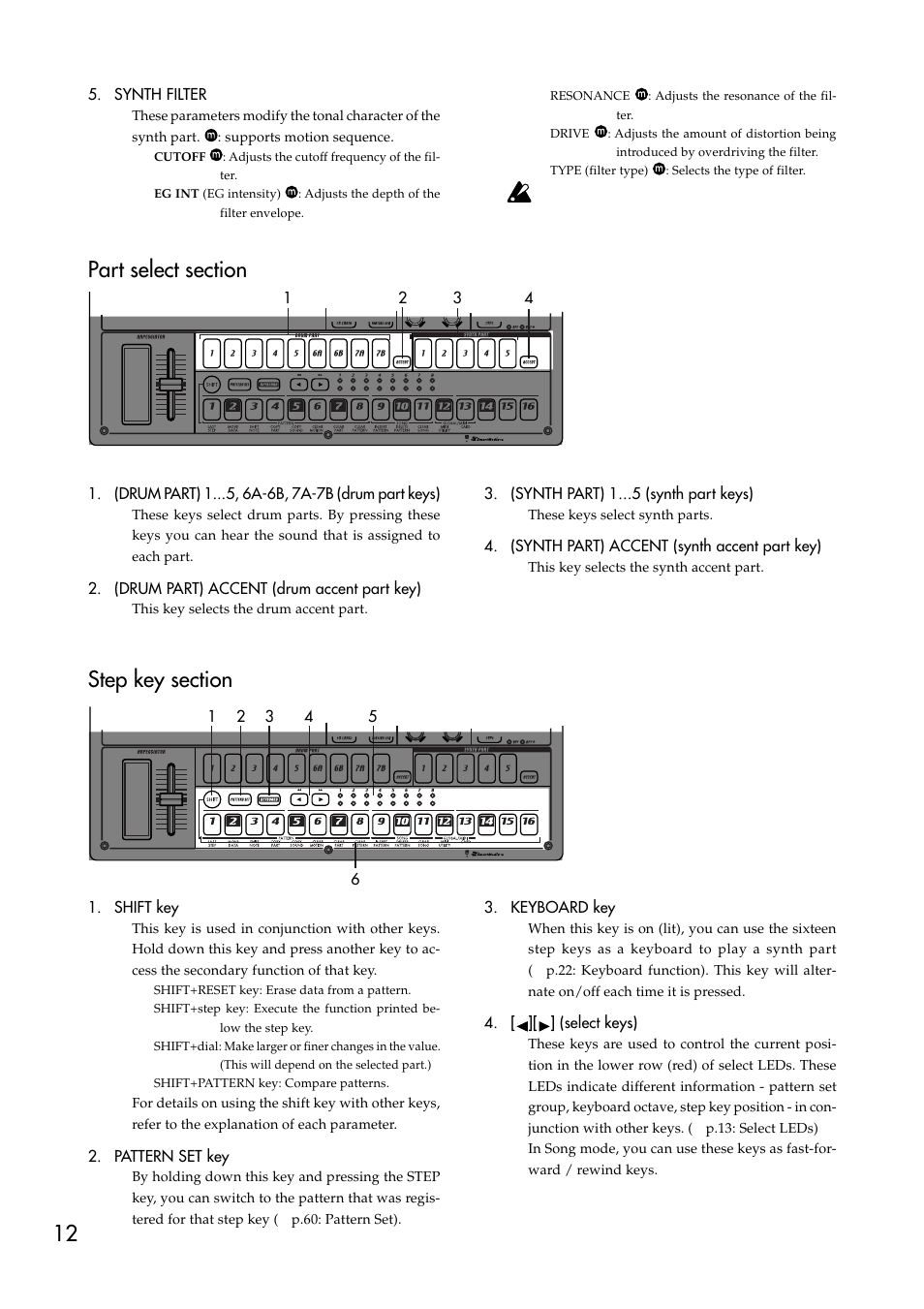 Part select section, Step key section, Part select section step key section | KORG EMX-1 User Manual | Page 12 / 99